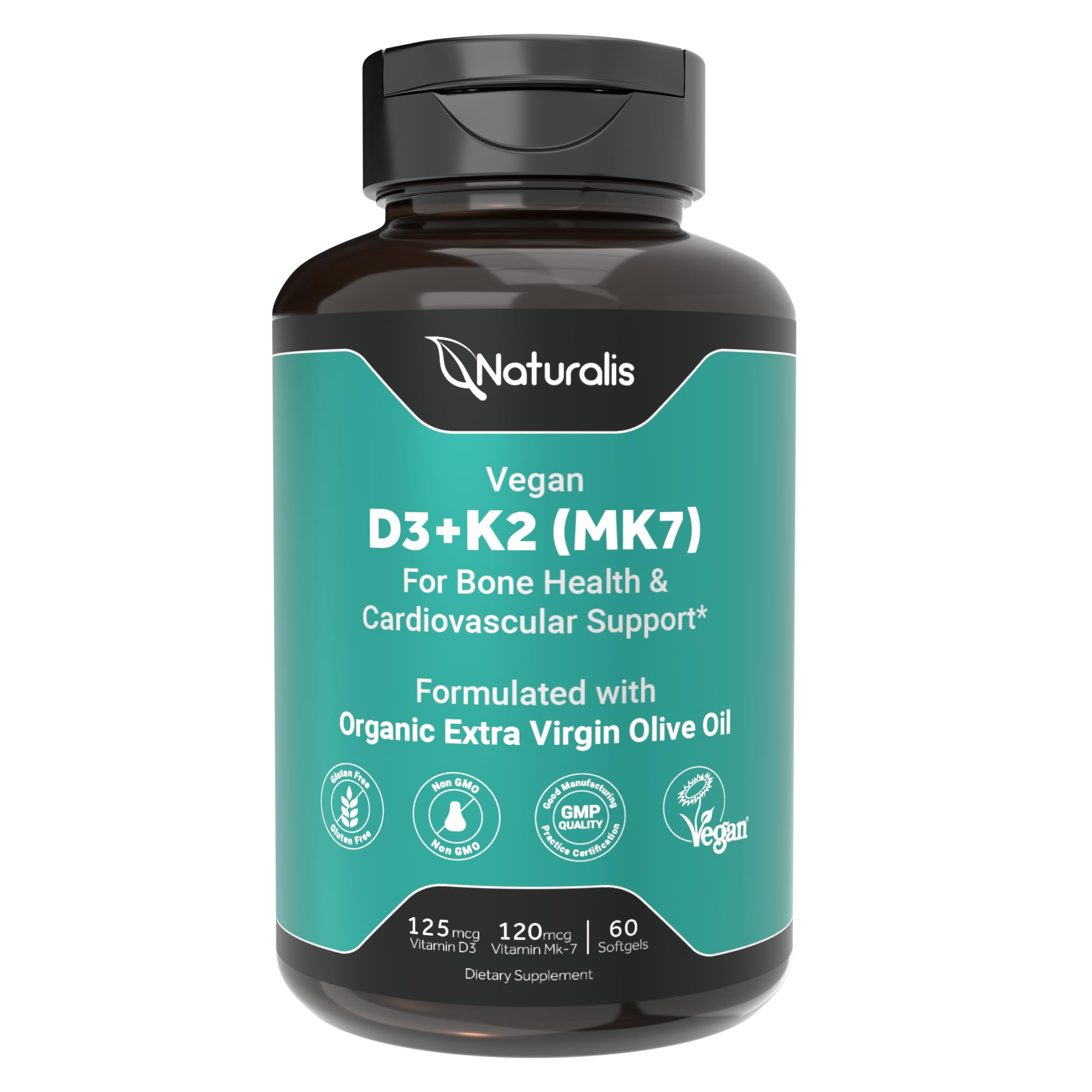 Naturalis Vegan Vitamin D3+K2 from Algae | 5000 IU D3 with 120mcg MK7 | Vegan Society Certified,Sustainably Sourced,Better Than Animal Derived | Better Support for Bone & Immune Health* | 60 Softgels