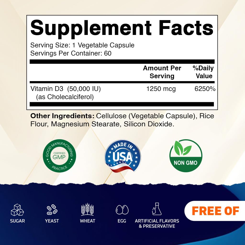 Vitamatic Vitamin D3 50,000 IU Once Weekly, 60 Veg Capsules, Made in USA