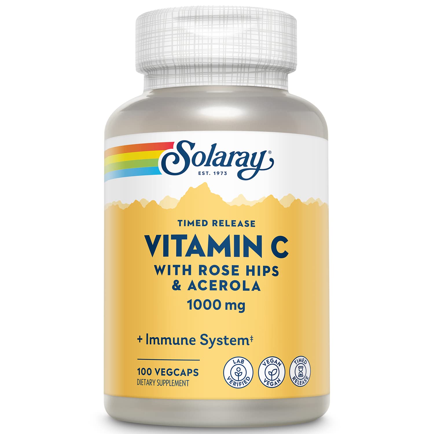 SOLARAY Vitamin C 1000mg - Time Release Vitamin C Capsules w/Rose HIPS and Acerola for Bioflavonoid Support - Two-Stage, All-Day Immune Support - Vegan, 60 Day Guarantee