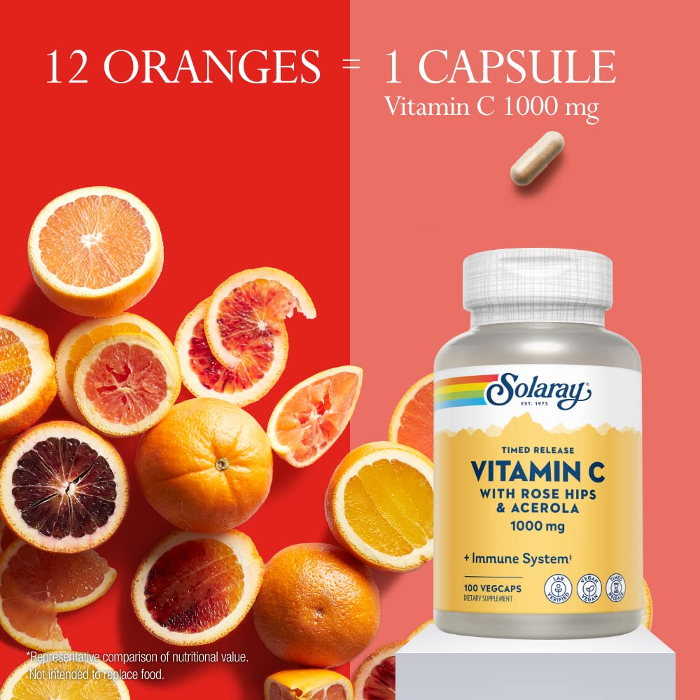 SOLARAY Vitamin C 1000mg - Time Release Vitamin C Capsules w/Rose HIPS and Acerola for Bioflavonoid Support - Two-Stage, All-Day Immune Support - Vegan, 60 Day Guarantee