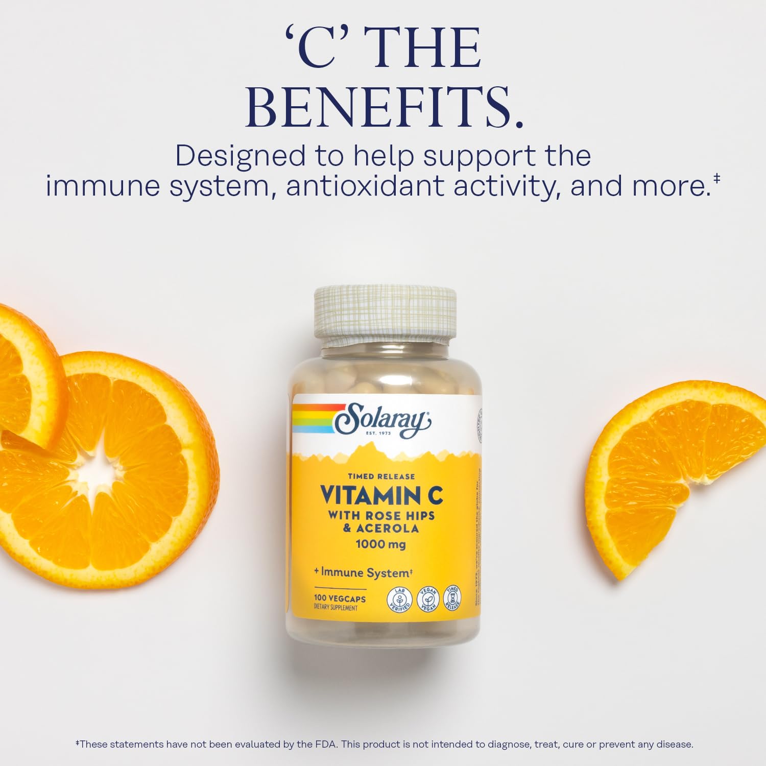 SOLARAY Vitamin C 1000mg - Time Release Vitamin C Capsules w/Rose HIPS and Acerola for Bioflavonoid Support - Two-Stage, All-Day Immune Support - Vegan, 60 Day Guarantee