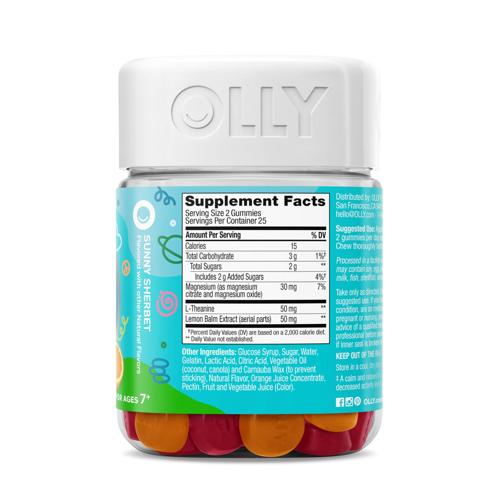 OLLY Kids Chillax Gummy, For a Calm and Relaxed Mood*, Magnesium, L-Theanine, Lemon Balm Extract, Chewable Supplement, Sherbet Flavored, 25 Day Supply - 50 Count (Packaging May Vary)