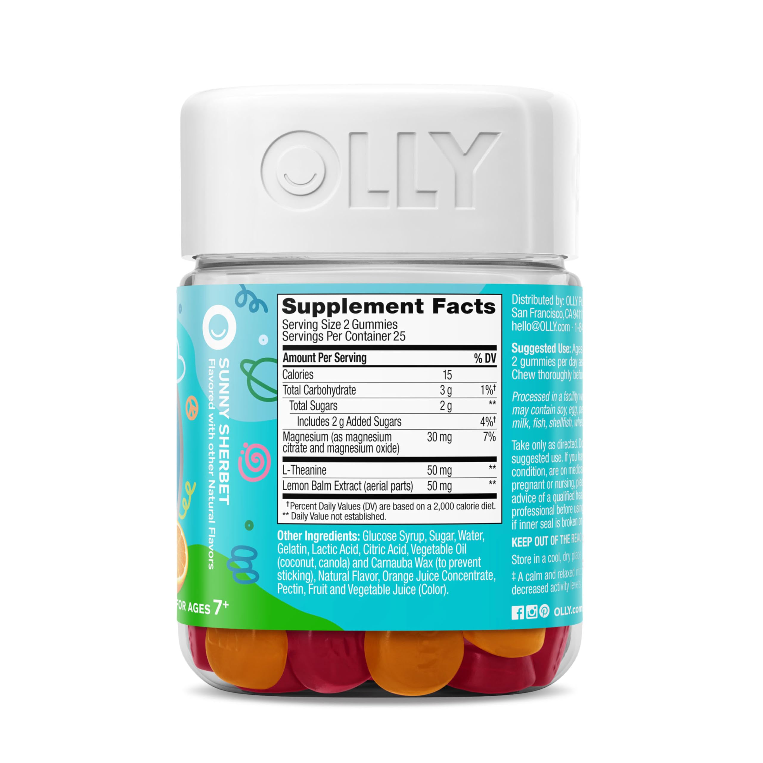 OLLY Kids Chillax Gummy, For a Calm and Relaxed Mood*, Magnesium, L-Theanine, Lemon Balm Extract, Chewable Supplement, Sherbet Flavored, 25 Day Supply - 50 Count (Packaging May Vary)