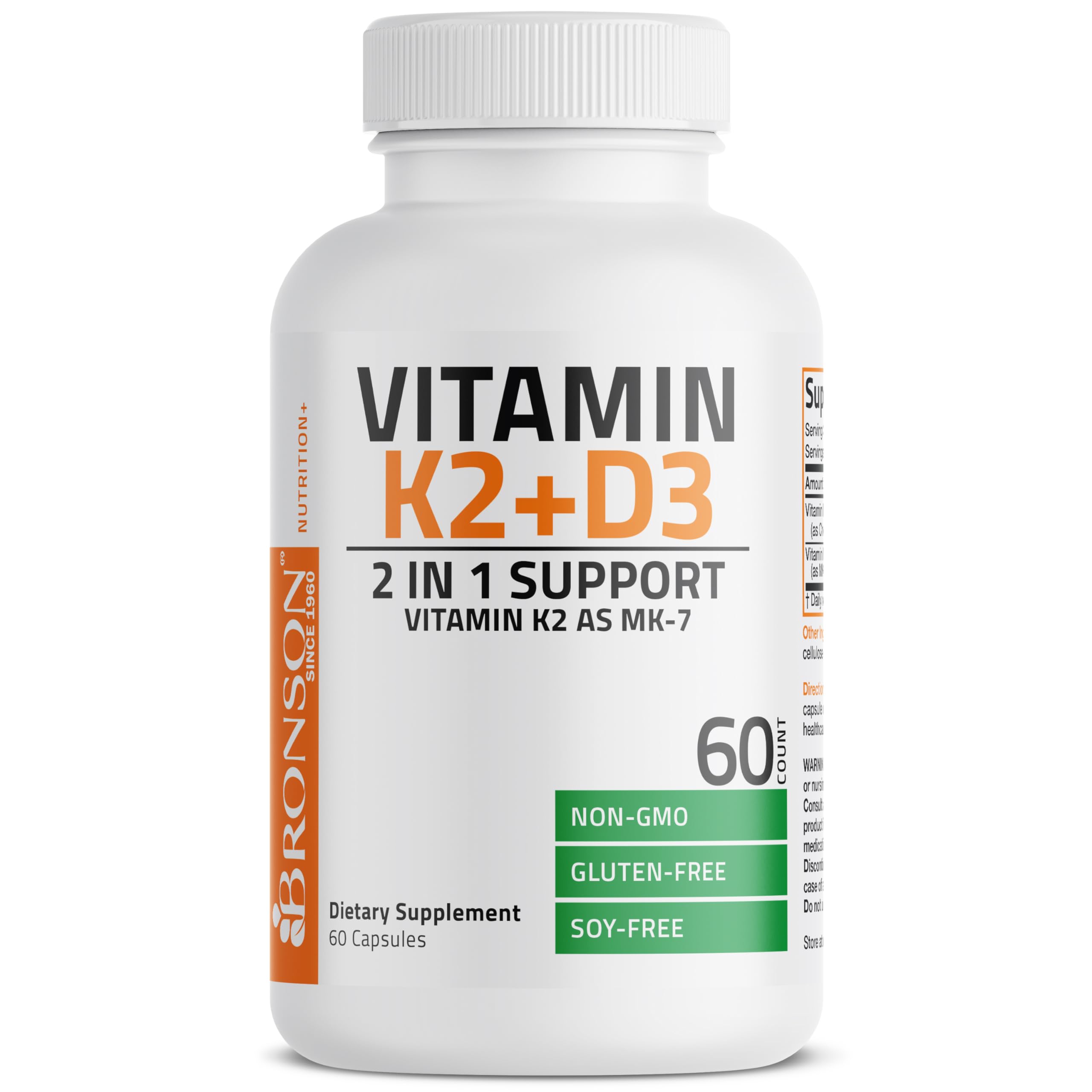 Bronson Vitamin K2 D3 (MK7) Supplement 2-in1 D3 & K2 Complex, 60 Capsules
