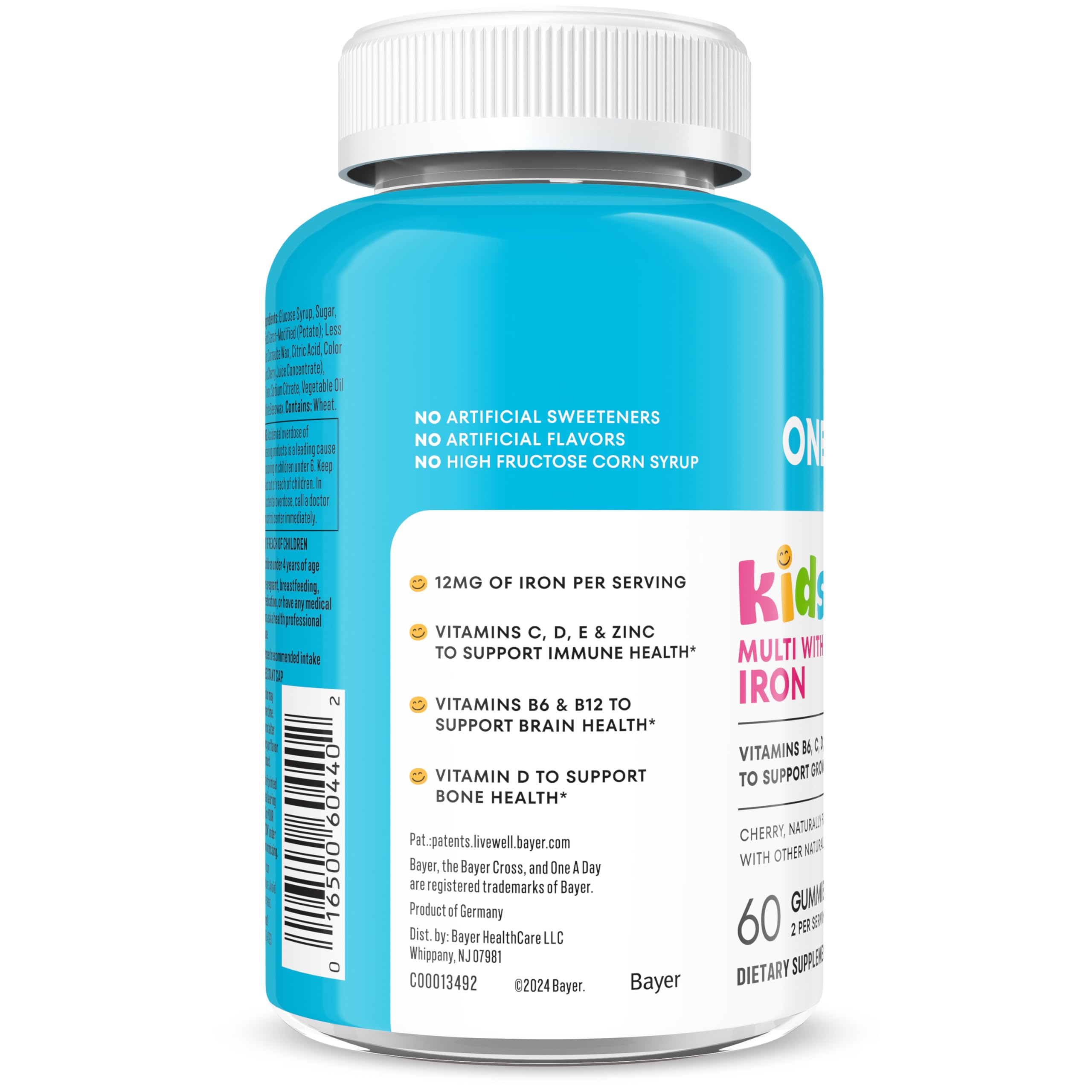 One A Day Kids Multivitamin with Iron Gummy, Vitamin D, Vitamin C, E, Zinc for Immune Support, Gummy Vitamins, Kids Multivitamin Gummies with Iron, Cherry Flavor, 60 Count (Packaging May Vary)