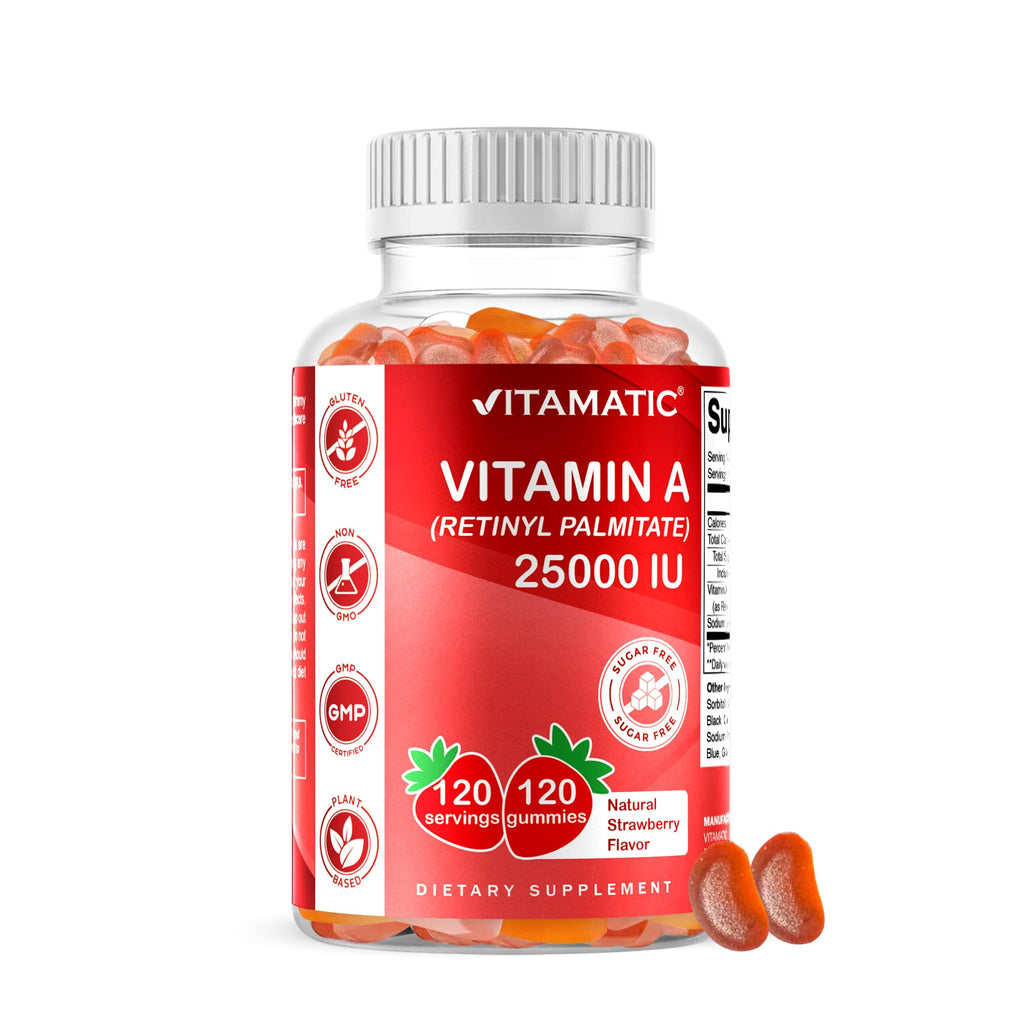 Vitamatic Vitamin A 25,000 IU Gummies – Sugar Free Retinyl Palmitate – 1 Daily Gummy, 120 Servings – High Potency Vitamin A Support – Natural Strawberry Flavor – Pectin Based – 120 Count