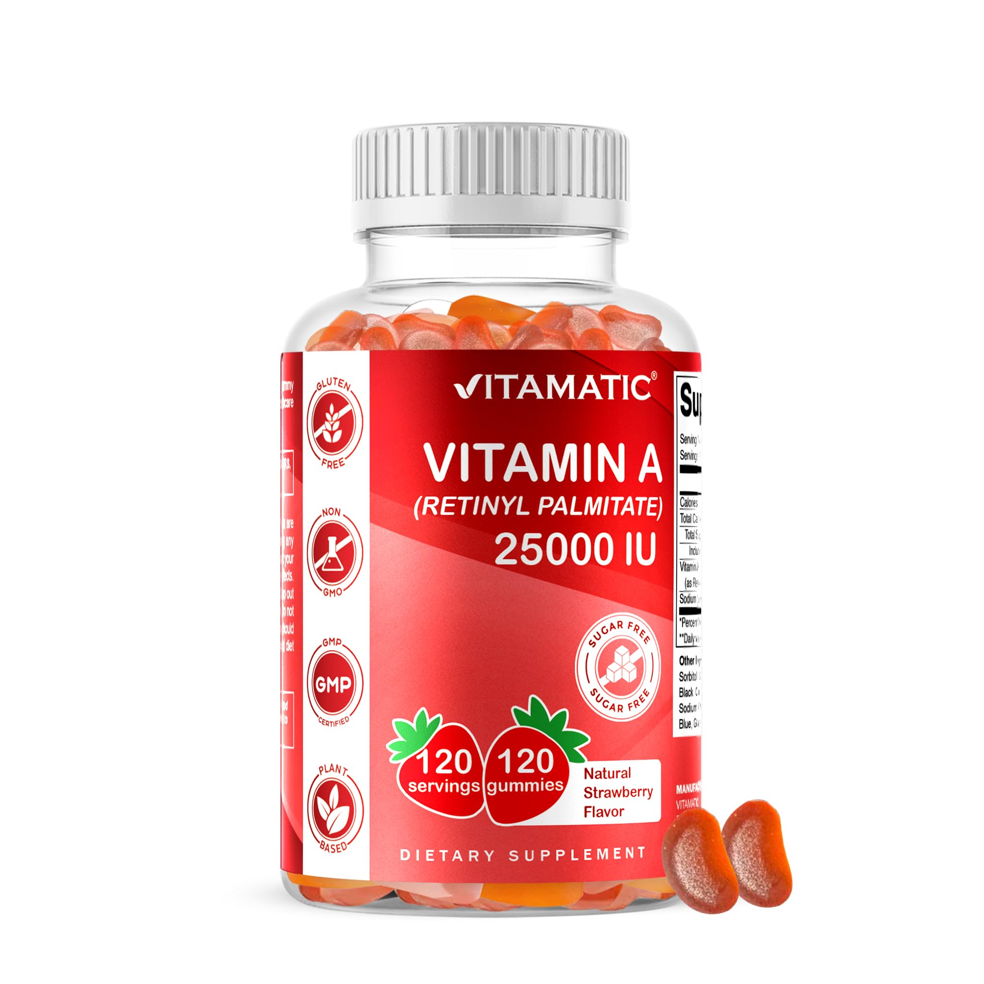 Vitamatic Vitamin A 25,000 IU Gummies – Sugar Free Retinyl Palmitate – 1 Daily Gummy, 120 Servings – High Potency Vitamin A Support – Natural Strawberry Flavor – Pectin Based – 120 Count