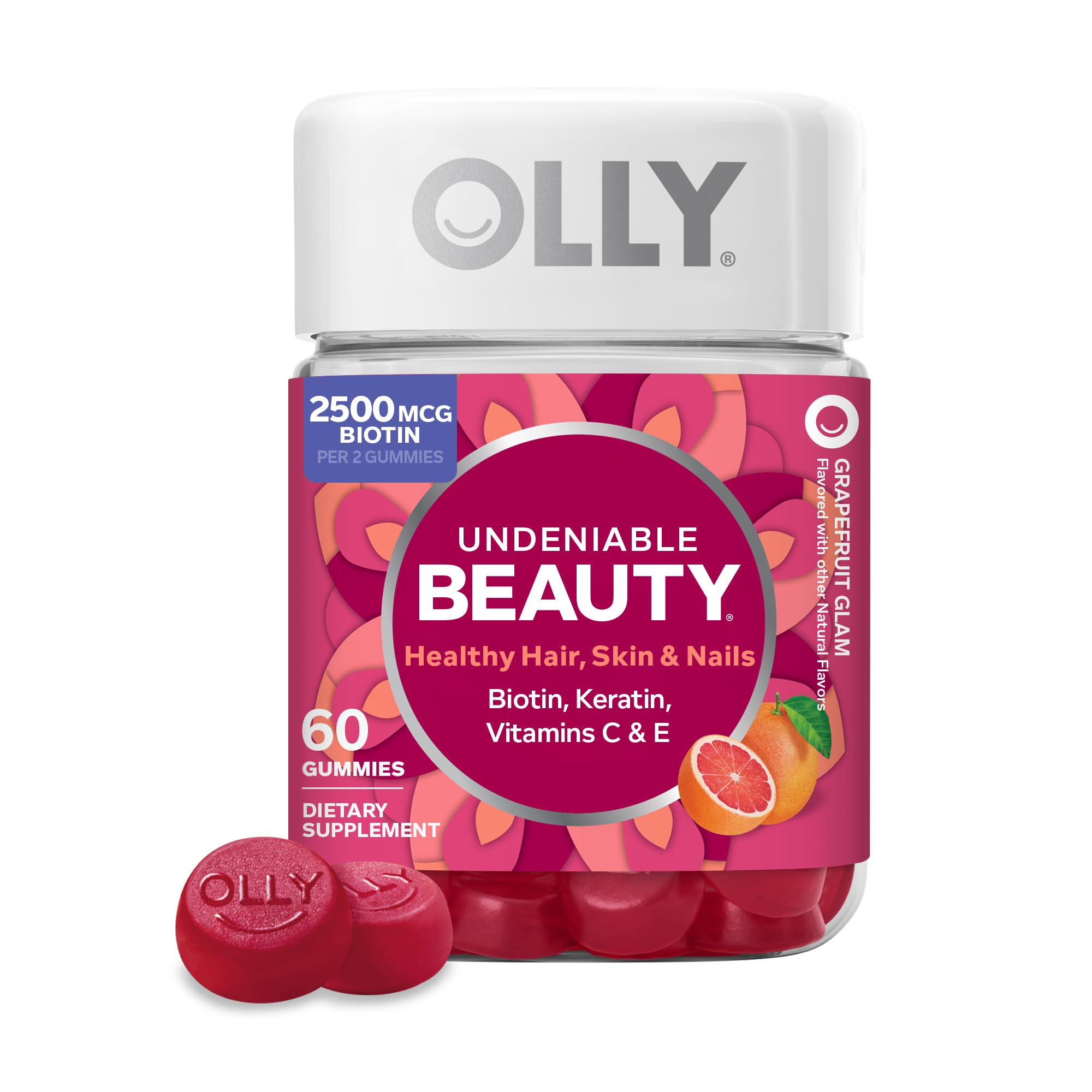 OLLY Hair Skin and Nails Gummies - Undeniable Beauty with Biotin 2500mcg Per 2 Gummies, Keratin & Vitamin C - Supports Healthy Hair, Skin, & Nails - Grapefruit Flavor - 60 Count