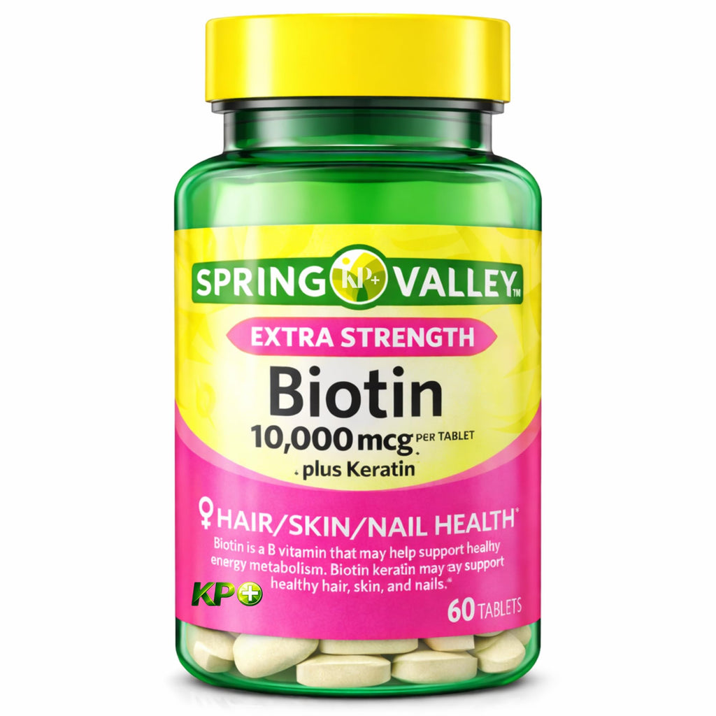 KP+ Biotin 10,000 mcg + Keratin | Supports Hair, Skin & Nail Health | Gluten Free | 60 Tablets | Pack of 1