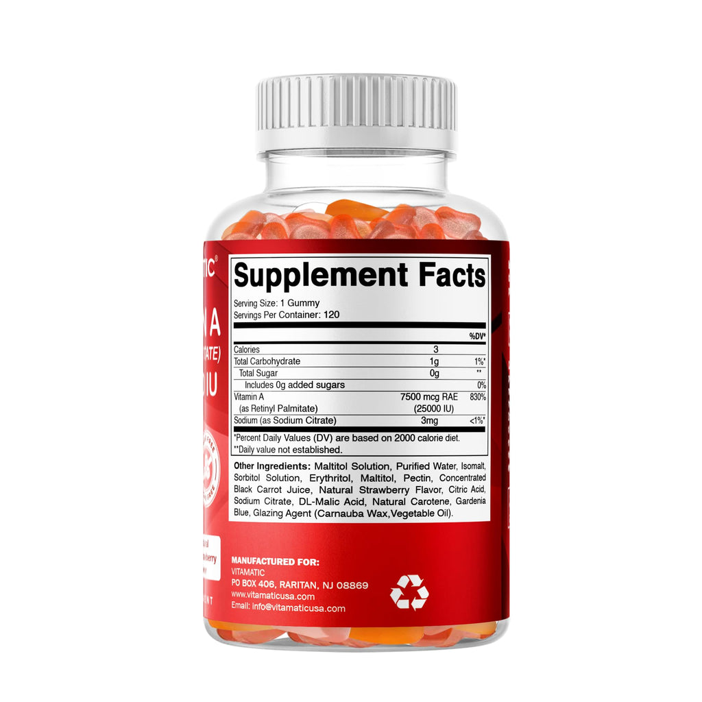 Vitamatic Vitamin A 25,000 IU Gummies – Sugar Free Retinyl Palmitate – 1 Daily Gummy, 120 Servings – High Potency Vitamin A Support – Natural Strawberry Flavor – Pectin Based – 120 Count
