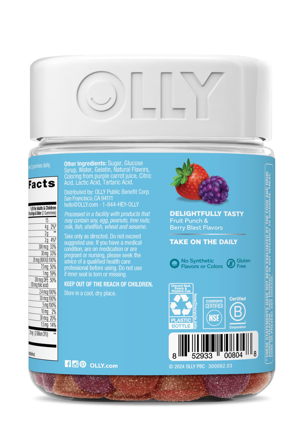 OLLY Kids Multivitamin & Probiotic Gummy, Digestive Support, Vitamins A, D, C, E, B, Zinc, Chewable Supplement, Berry Flavored, 50 Day Supply - 100 Count