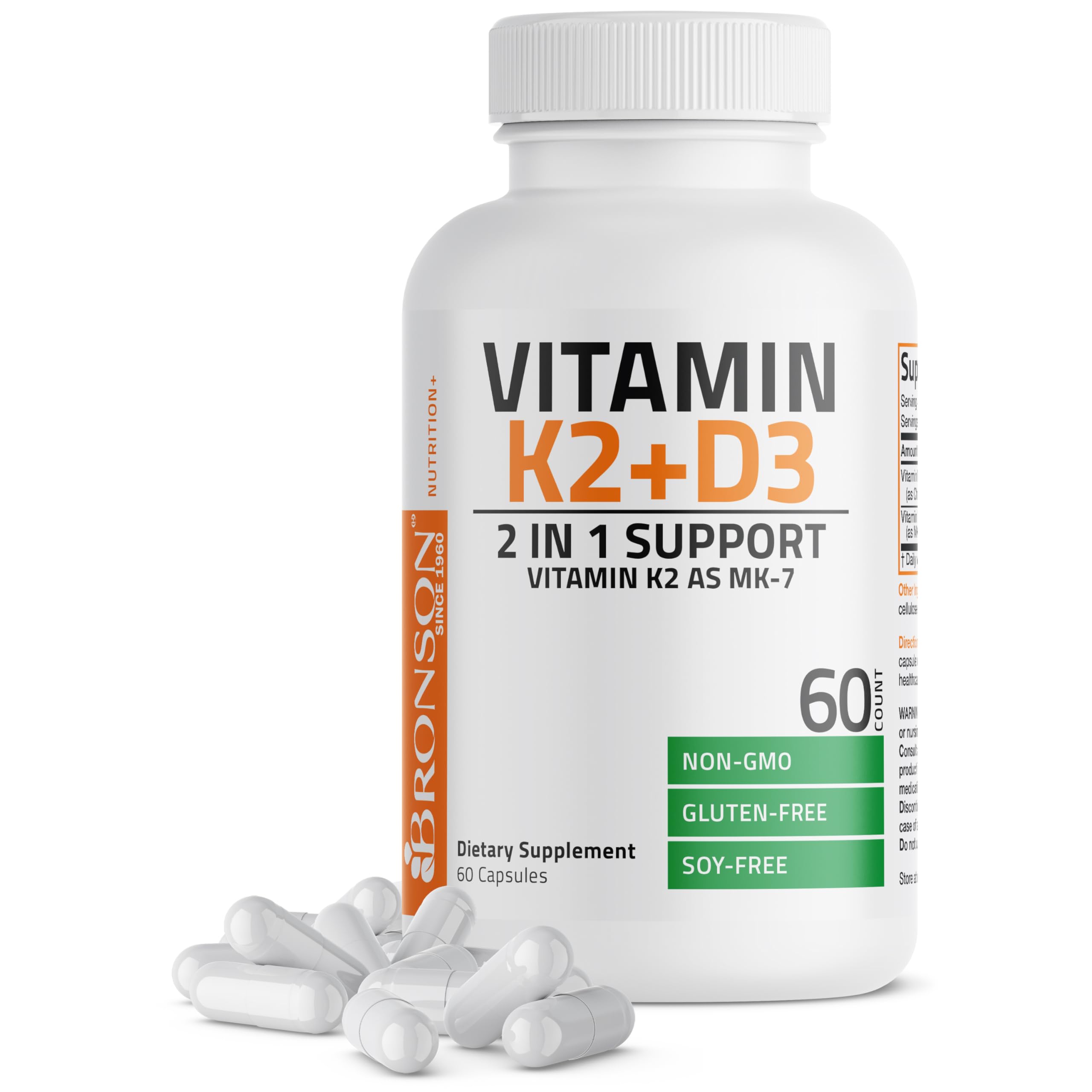 Bronson Vitamin K2 D3 (MK7) Supplement 2-in1 D3 & K2 Complex, 60 Capsules