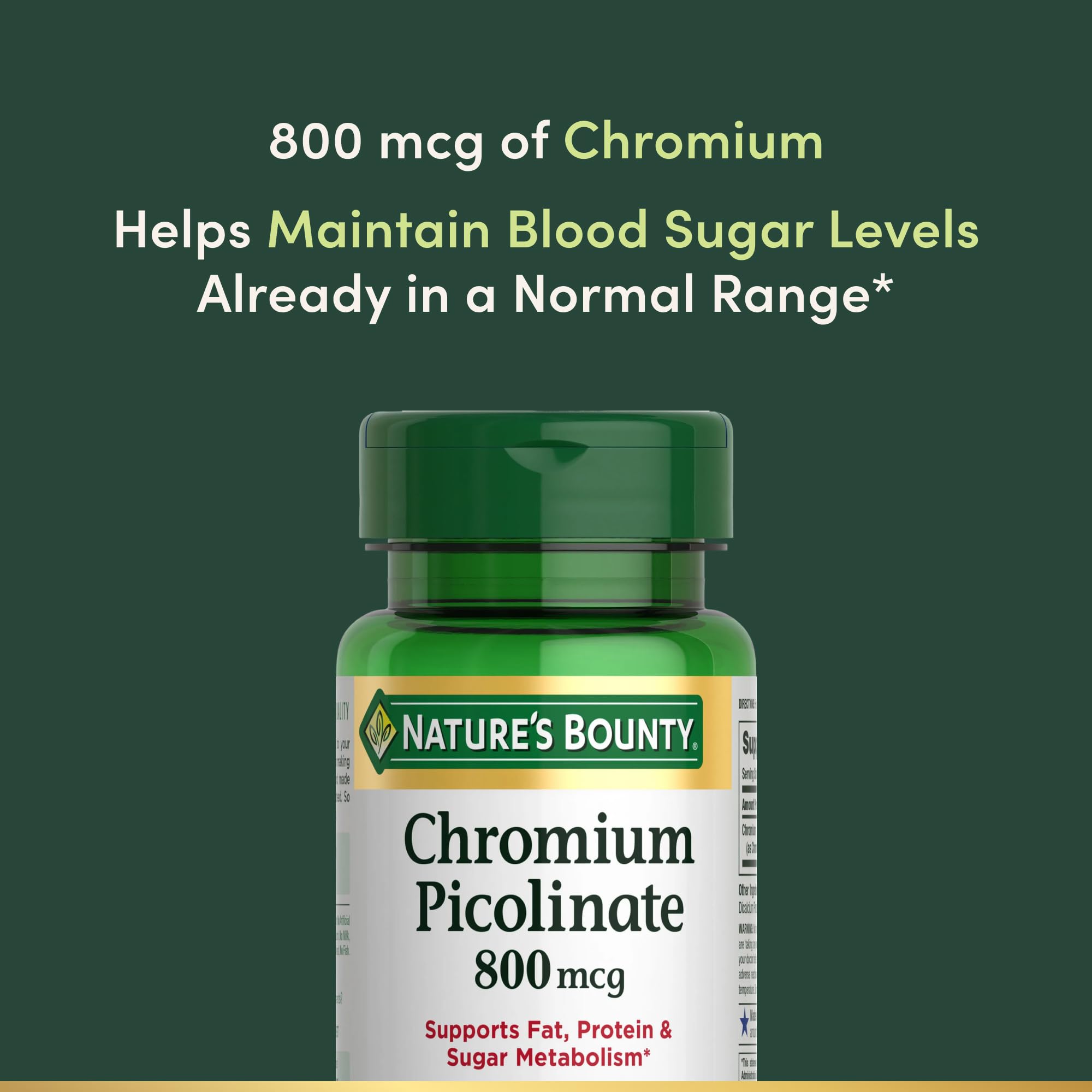 Nature's Bounty Chromium Picolinate, Supports Fat, Protein & Sugar Metabolism, Mineral Supplement, 800 mcg, 50 Tablets