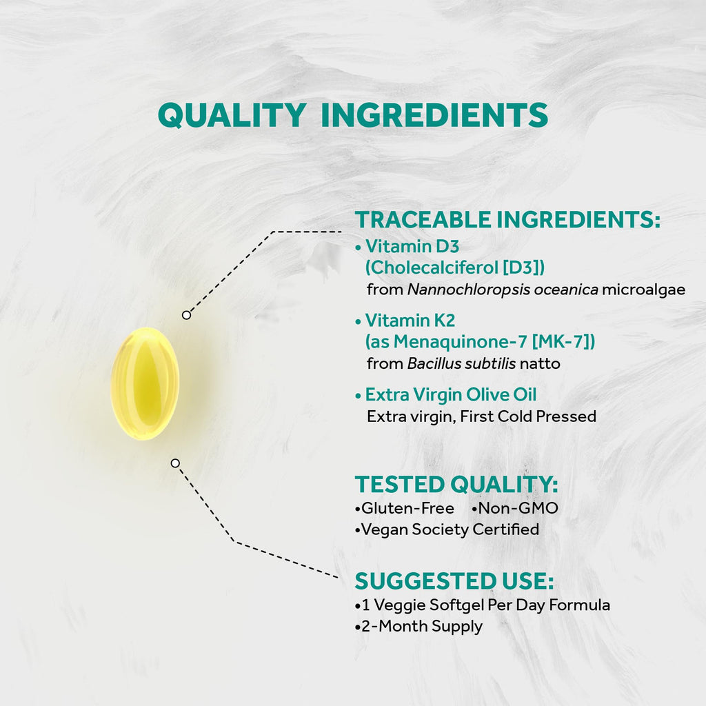 Naturalis Vegan Vitamin D3+K2 from Algae | 5000 IU D3 with 120mcg MK7 | Vegan Society Certified,Sustainably Sourced,Better Than Animal Derived | Better Support for Bone & Immune Health* | 60 Softgels