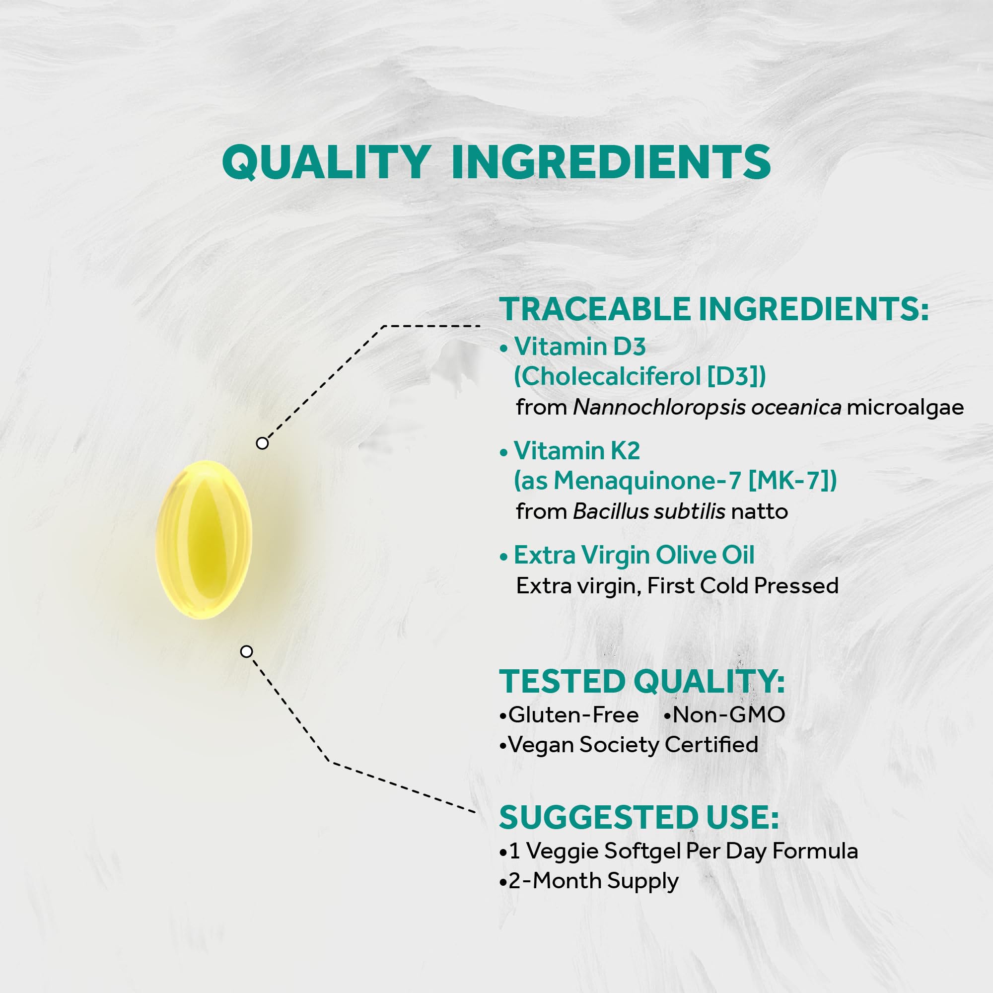Naturalis Vegan Vitamin D3+K2 from Algae | 5000 IU D3 with 120mcg MK7 | Vegan Society Certified,Sustainably Sourced,Better Than Animal Derived | Better Support for Bone & Immune Health* | 60 Softgels