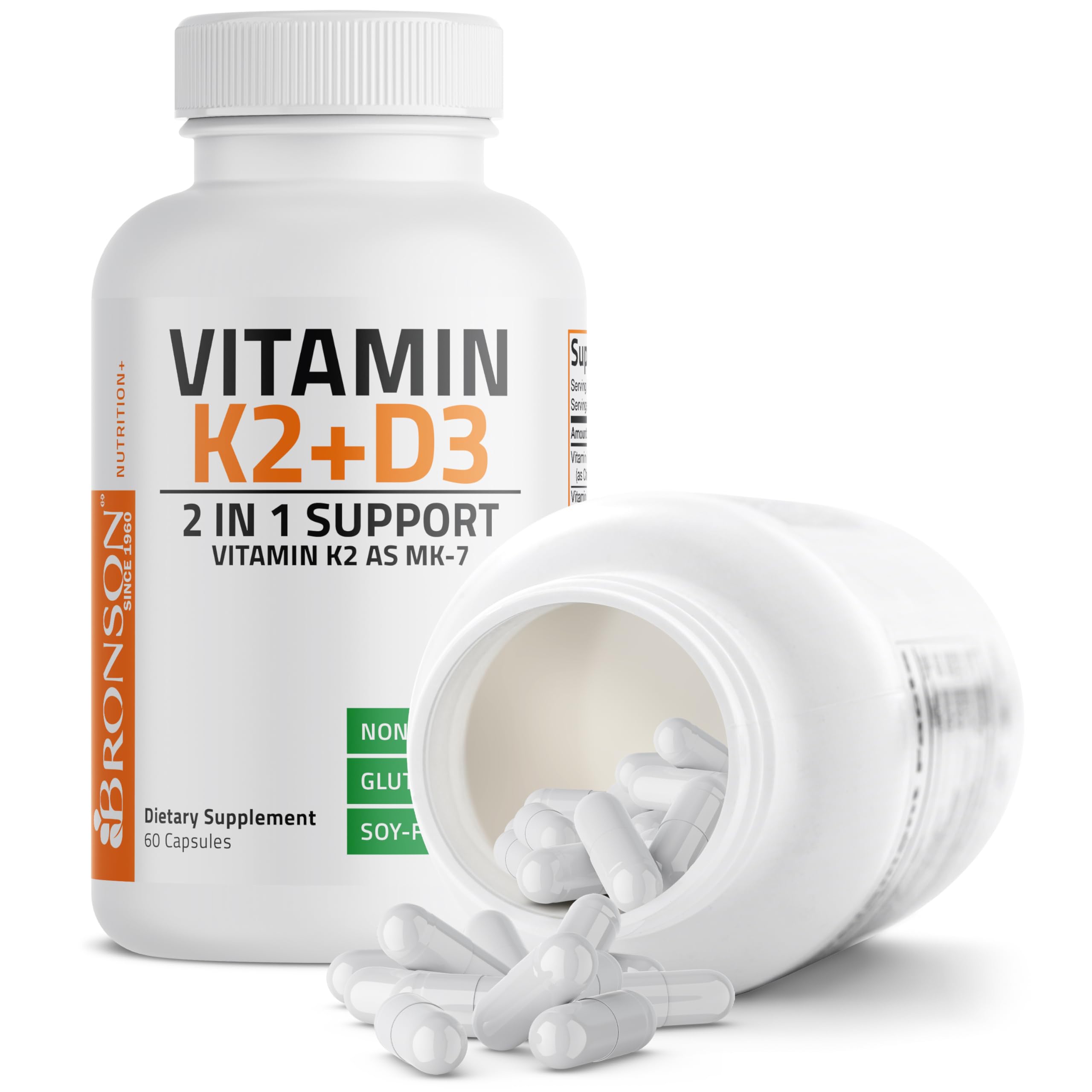 Bronson Vitamin K2 D3 (MK7) Supplement 2-in1 D3 & K2 Complex, 60 Capsules
