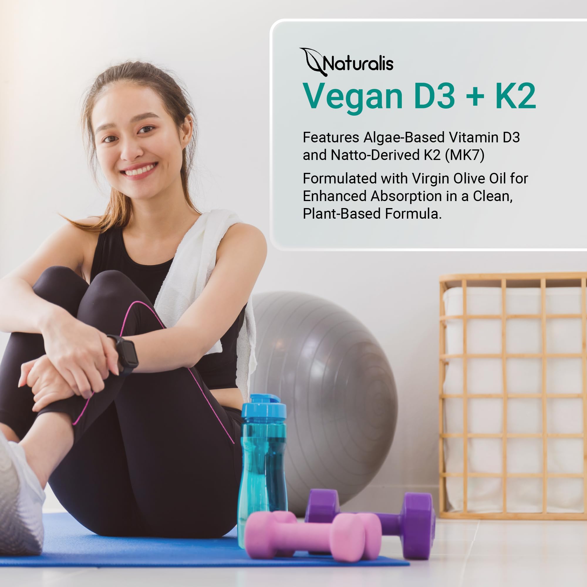 Naturalis Vegan Vitamin D3+K2 from Algae | 5000 IU D3 with 120mcg MK7 | Vegan Society Certified,Sustainably Sourced,Better Than Animal Derived | Better Support for Bone & Immune Health* | 60 Softgels