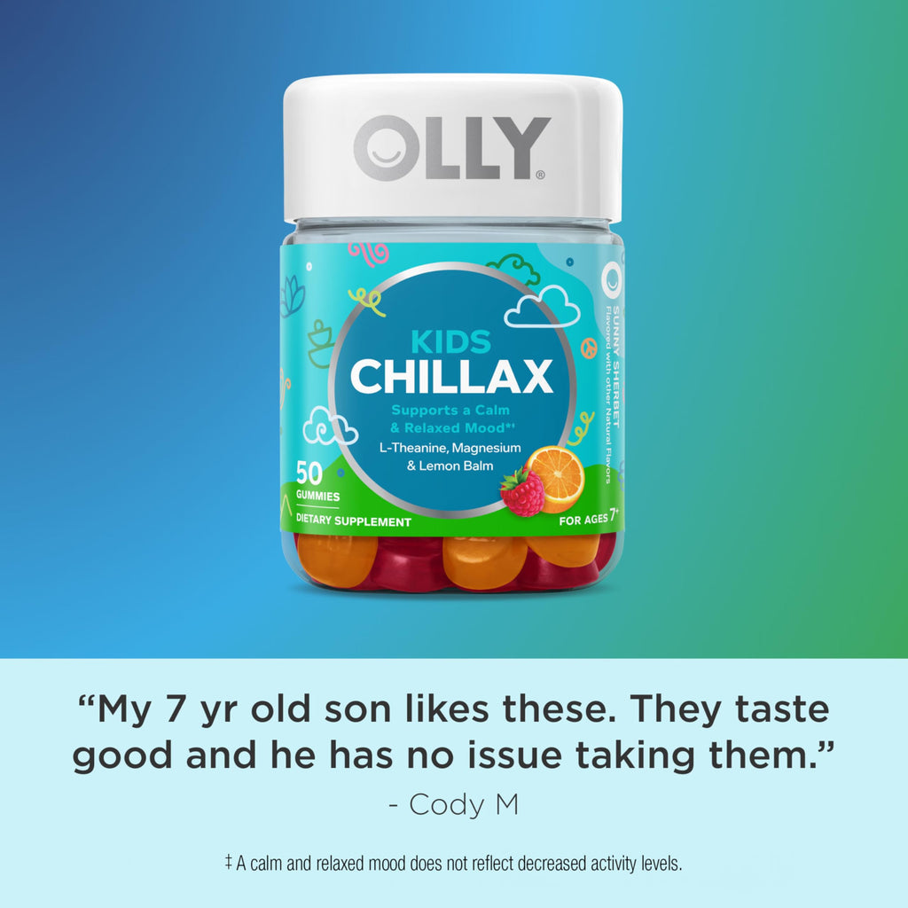 OLLY Kids Chillax Gummy, For a Calm and Relaxed Mood*, Magnesium, L-Theanine, Lemon Balm Extract, Chewable Supplement, Sherbet Flavored, 25 Day Supply - 50 Count (Packaging May Vary)