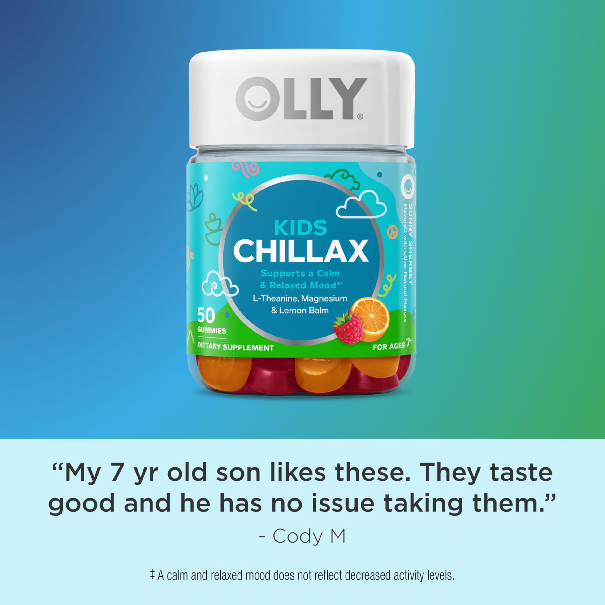 OLLY Kids Chillax Gummy, For a Calm and Relaxed Mood*, Magnesium, L-Theanine, Lemon Balm Extract, Chewable Supplement, Sherbet Flavored, 25 Day Supply - 50 Count (Packaging May Vary)