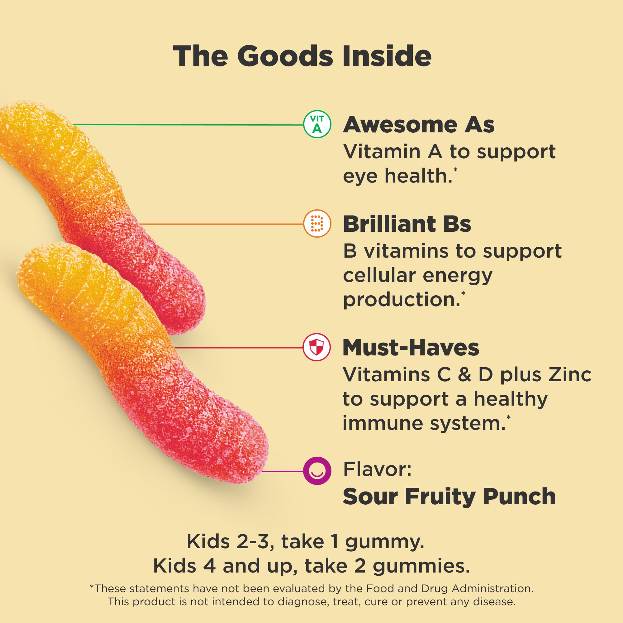 OLLY Kids Multivitamin Gummy, Overall Health and Immune Support,* Vitamins and Minerals A, C, D, E, Bs and Zinc, Kids Chewable Supplement, Sour Fruity Punch Flavored, 70 or 35 Day Supply - 70 Count
