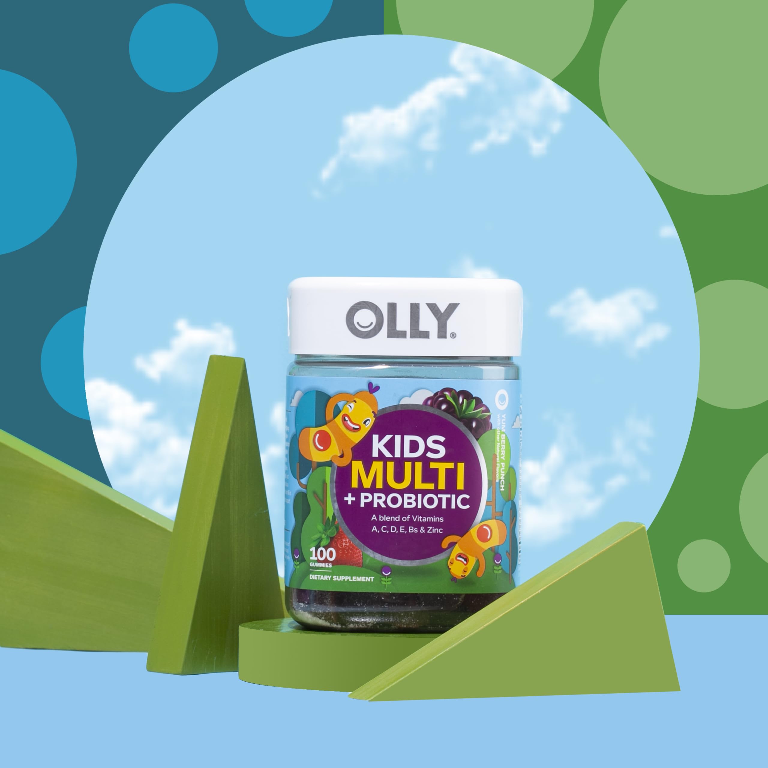 OLLY Kids Multivitamin & Probiotic Gummy, Digestive Support, Vitamins A, D, C, E, B, Zinc, Chewable Supplement, Berry Flavored, 50 Day Supply - 100 Count