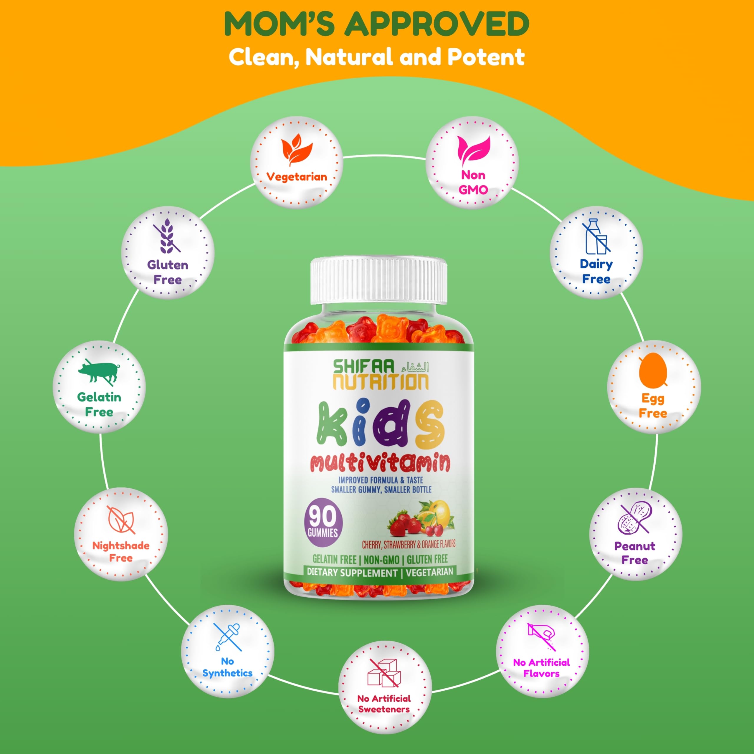 SHIFAA NUTRITION Halal Kids Multivitamin Gummies, 45-90 Days Supply, with All Essential Kids Vitamins. Toddler Vitamins with Vitamin C, D, Zinc, A, E, B6, B12, Biotin | Halal Gummies for Kids