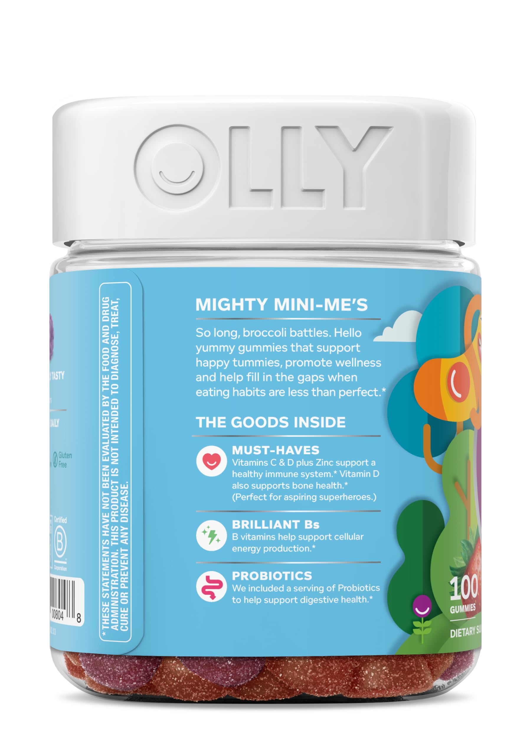 OLLY Kids Multivitamin & Probiotic Gummy, Digestive Support, Vitamins A, D, C, E, B, Zinc, Chewable Supplement, Berry Flavored, 50 Day Supply - 100 Count