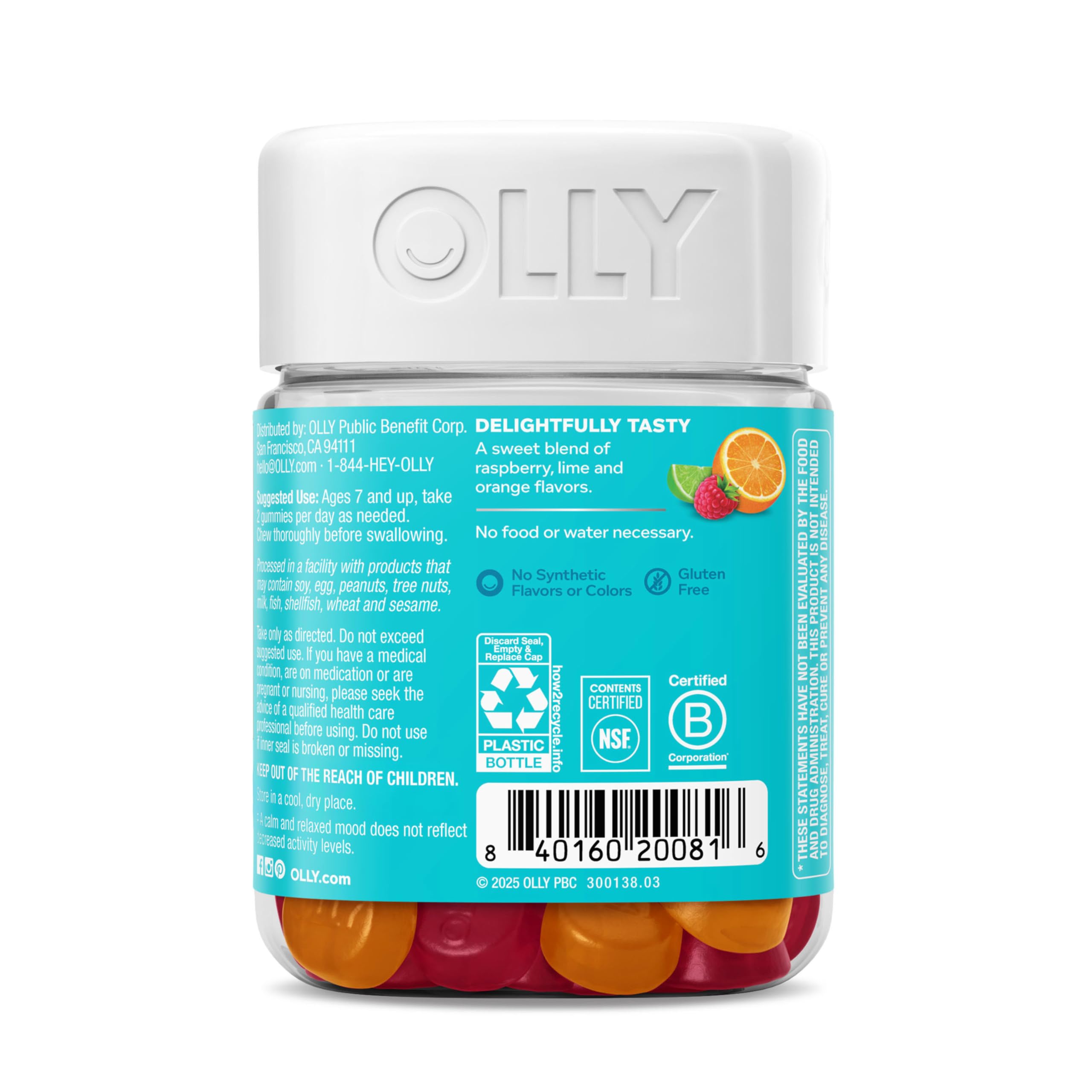 OLLY Kids Chillax Gummy, For a Calm and Relaxed Mood*, Magnesium, L-Theanine, Lemon Balm Extract, Chewable Supplement, Sherbet Flavored, 25 Day Supply - 50 Count (Packaging May Vary)