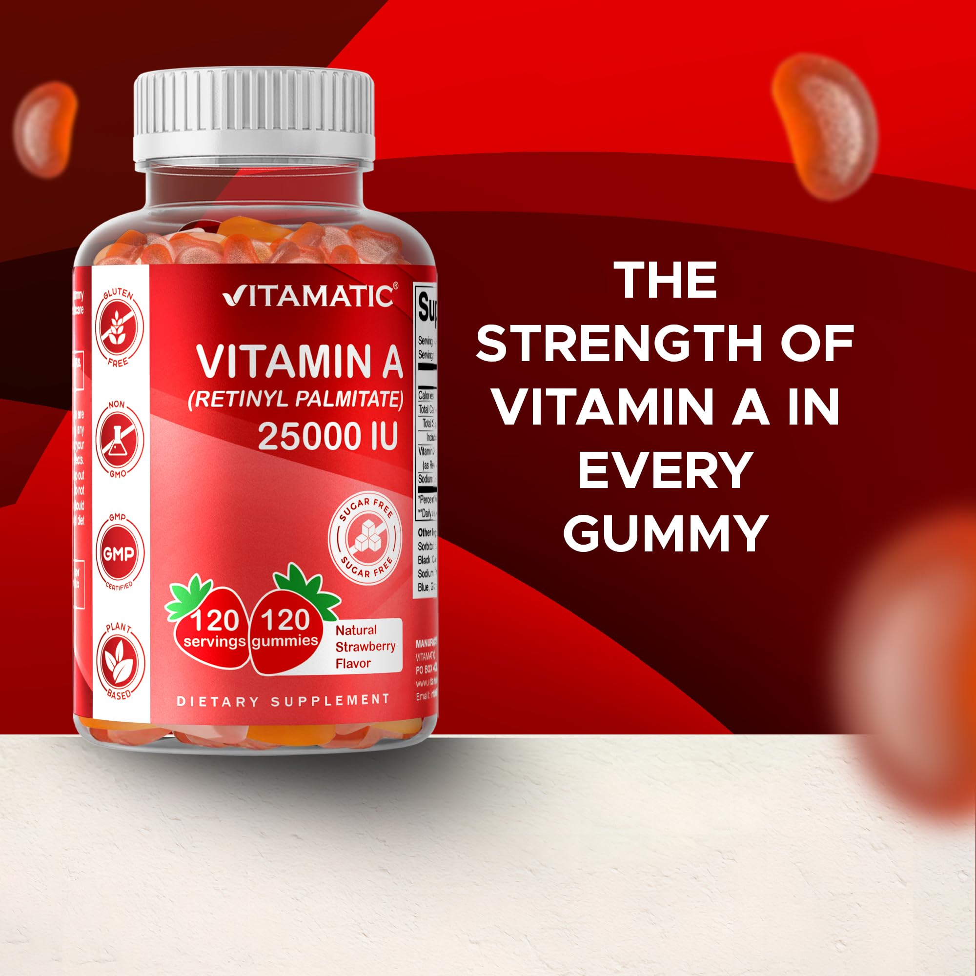 Vitamatic Vitamin A 25,000 IU Gummies – Sugar Free Retinyl Palmitate – 1 Daily Gummy, 120 Servings – High Potency Vitamin A Support – Natural Strawberry Flavor – Pectin Based – 120 Count