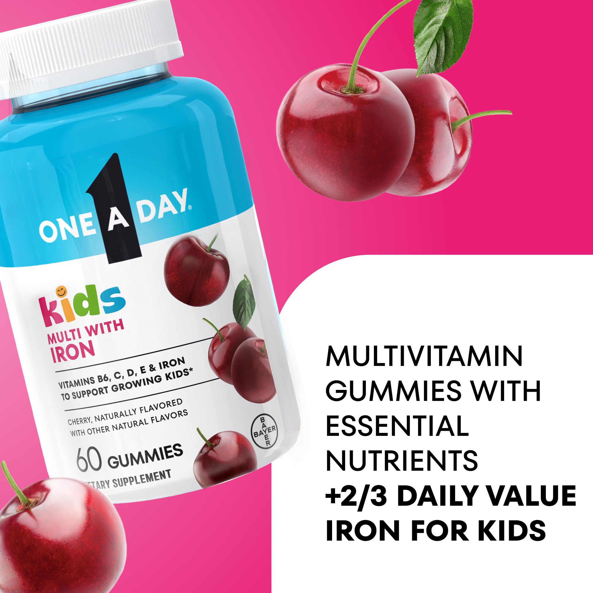One A Day Kids Multivitamin with Iron Gummy, Vitamin D, Vitamin C, E, Zinc for Immune Support, Gummy Vitamins, Kids Multivitamin Gummies with Iron, Cherry Flavor, 60 Count (Packaging May Vary)