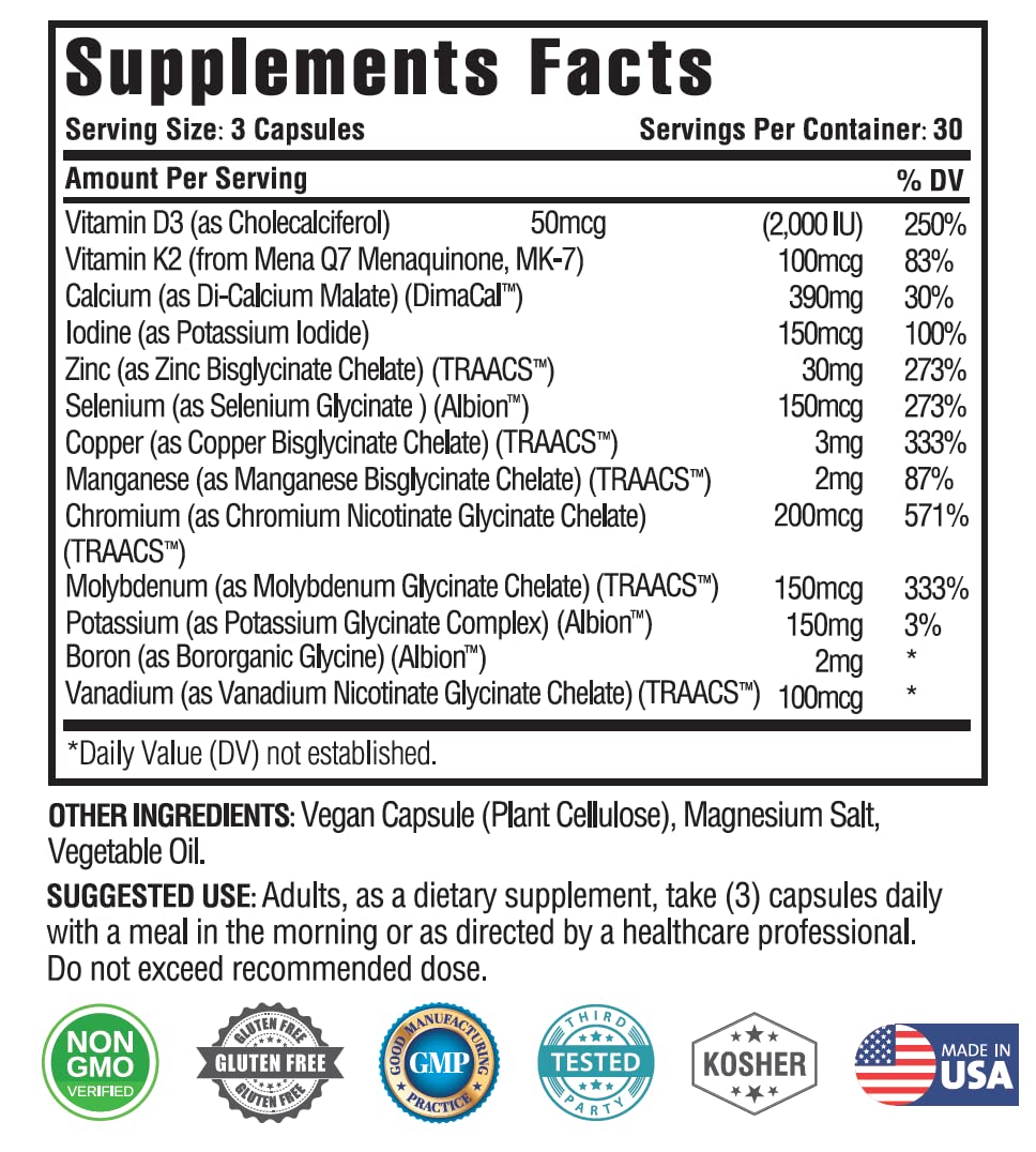 KAPPA NUTRITION (90 Capsules,Vitamin K2, Vitamin D3, Zinc, Selenium, Vanadium, Copper, Manganese, Potassium, Molybdenum, Calcium, Chromium, Iodine, Boron, Mineral 13 in 1 Advanced Complex, from