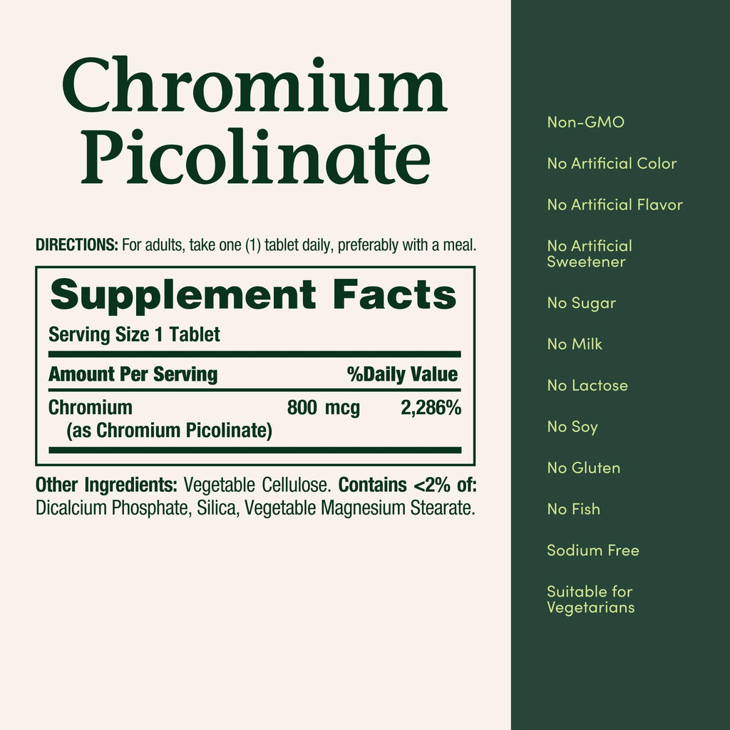 Nature's Bounty Chromium Picolinate, Supports Fat, Protein & Sugar Metabolism, Mineral Supplement, 800 mcg, 50 Tablets