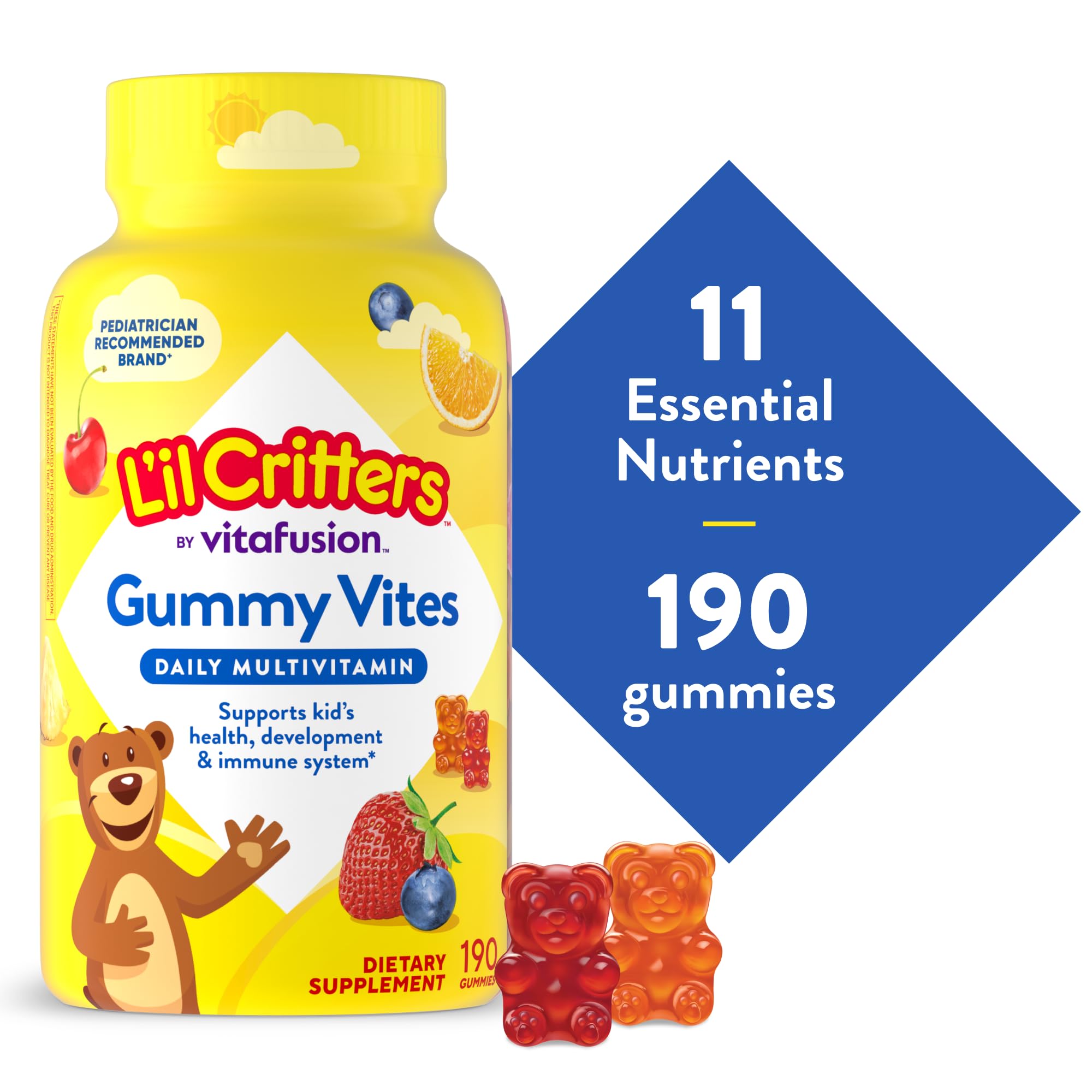 L'il Critters Gummy Vites Kids Multivitamin | 190 Gummies with Vitamins A, B, C, D, E | Assorted Fruit Flavors | Gluten and Dairy Free Children's Daily Supplement