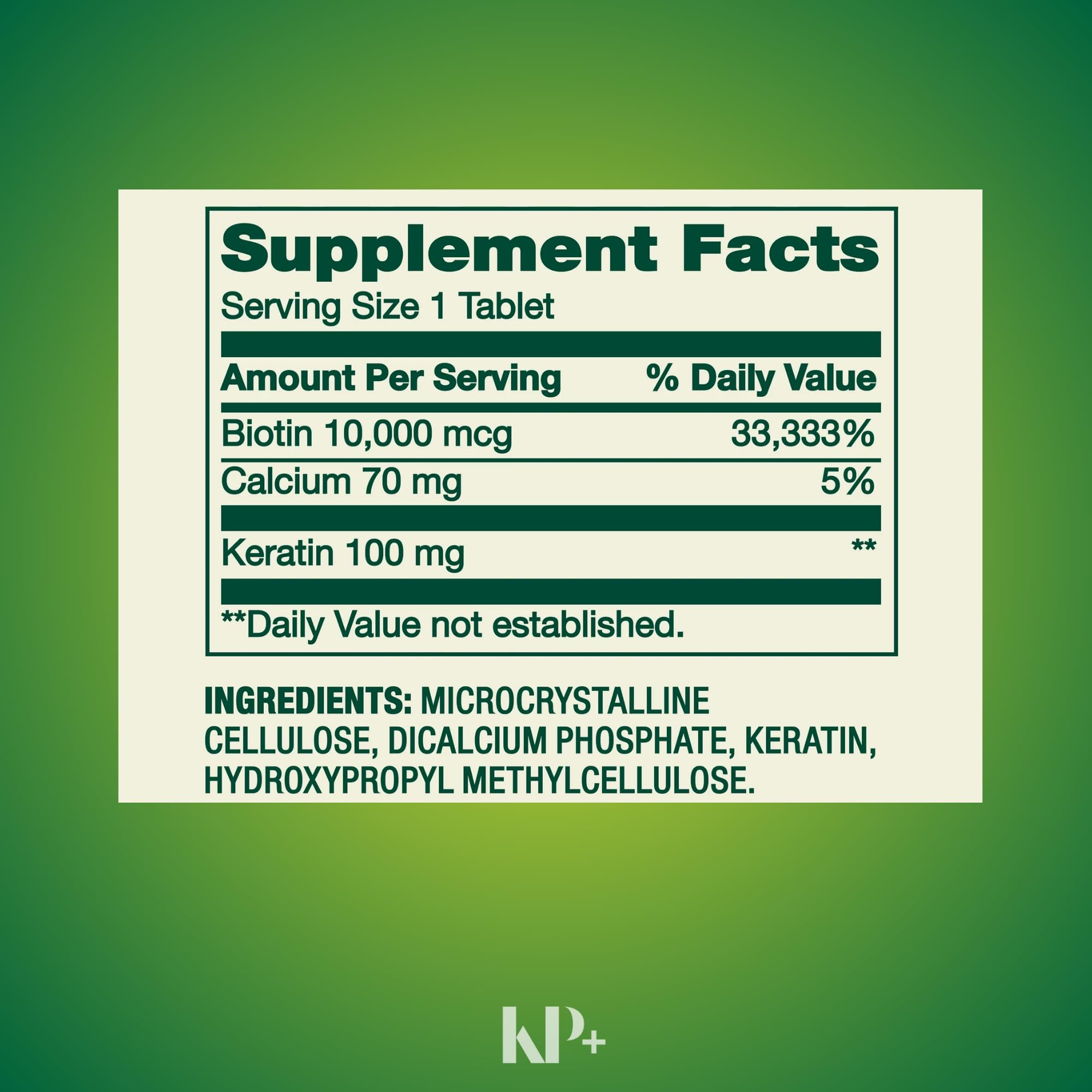 KP+ Biotin 10,000 mcg + Keratin | Supports Hair, Skin & Nail Health | Gluten Free | 60 Tablets | Pack of 1