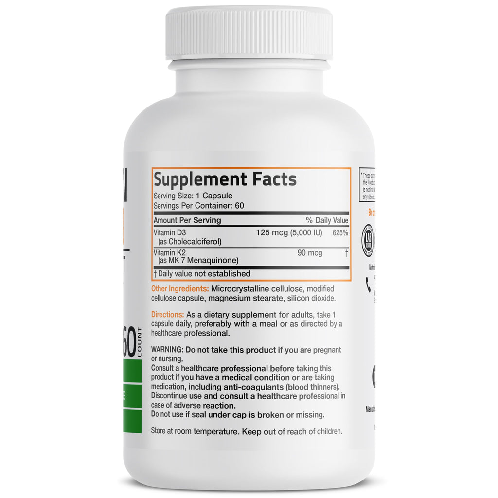 Bronson Vitamin K2 D3 (MK7) Supplement 2-in1 D3 & K2 Complex, 60 Capsules