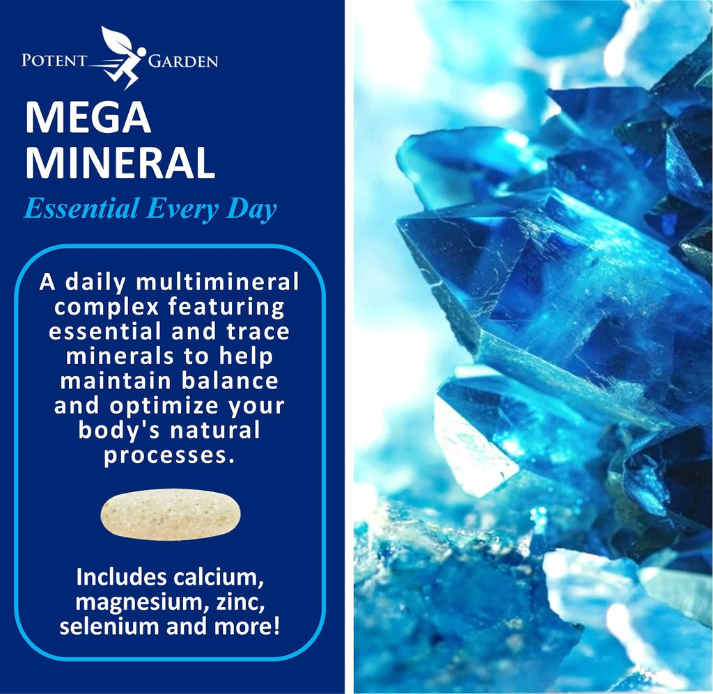 Potent Garden Mega Mineral Supplement Complete Mineral Complex with Calcium Magnesium Zinc Potassium Boron Selenium Chromium & 72 Trace Minerals Iron Free Calcium Supplement -100 Pills