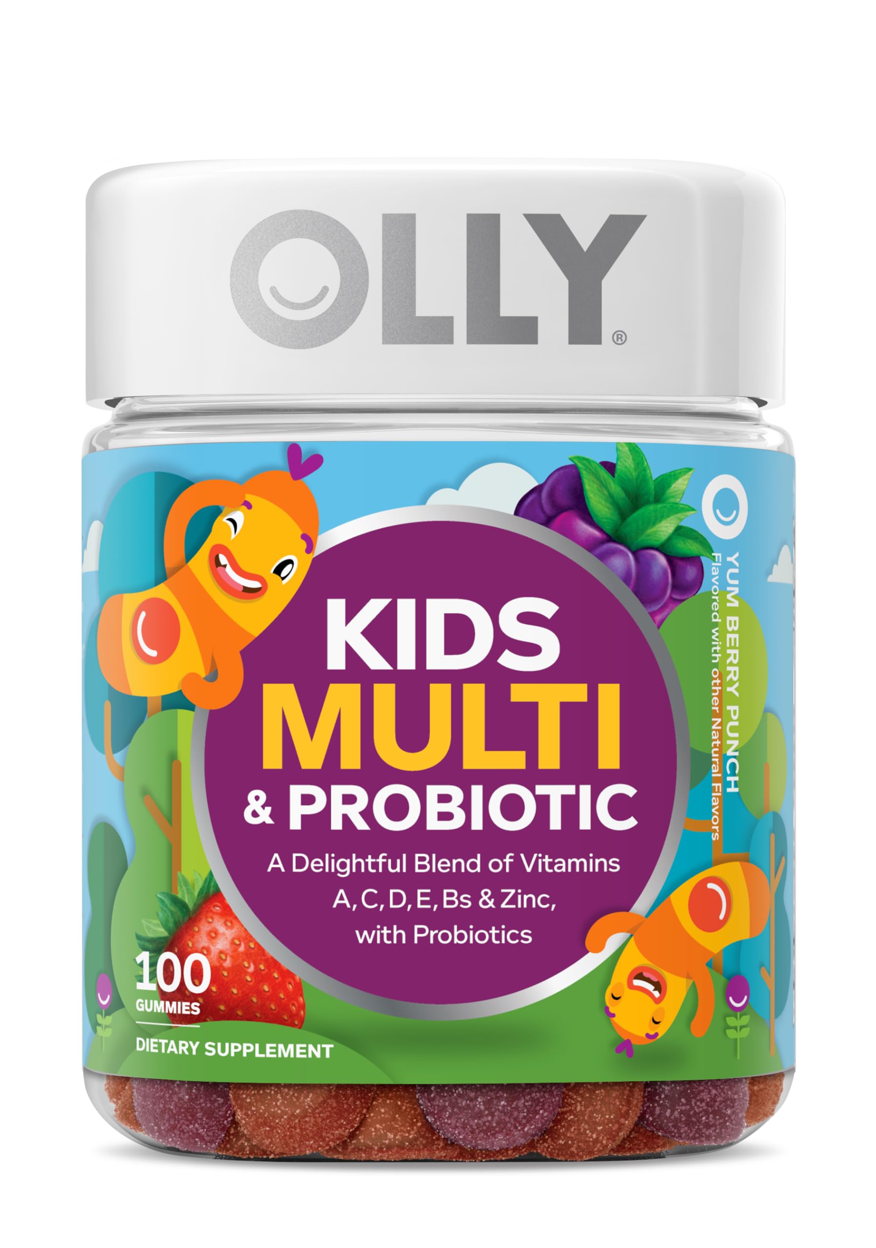 OLLY Kids Multivitamin & Probiotic Gummy, Digestive Support, Vitamins A, D, C, E, B, Zinc, Chewable Supplement, Berry Flavored, 50 Day Supply - 100 Count