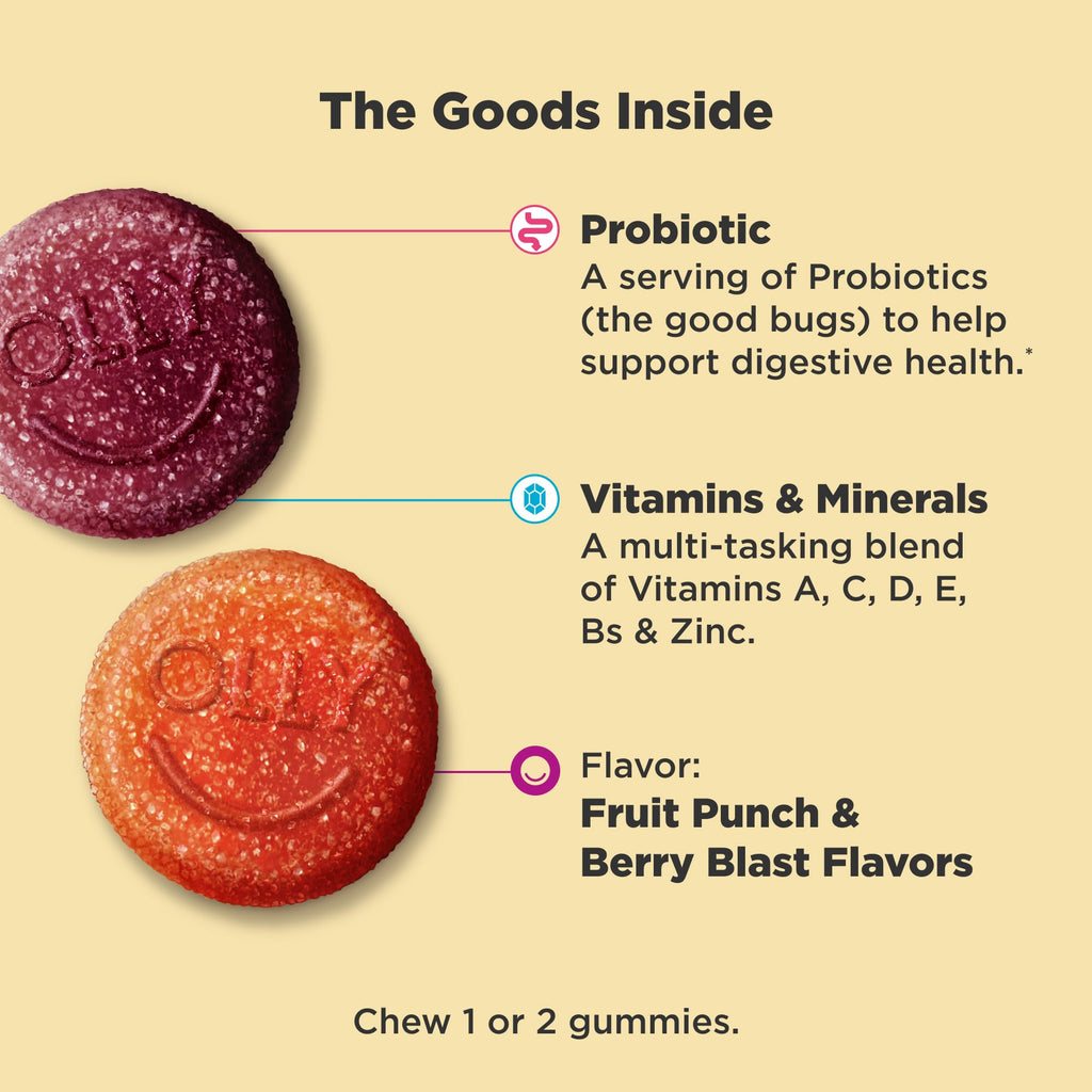 OLLY Kids Multivitamin & Probiotic Gummy, Digestive Support, Vitamins A, D, C, E, B, Zinc, Chewable Supplement, Berry Flavored, 50 Day Supply - 100 Count