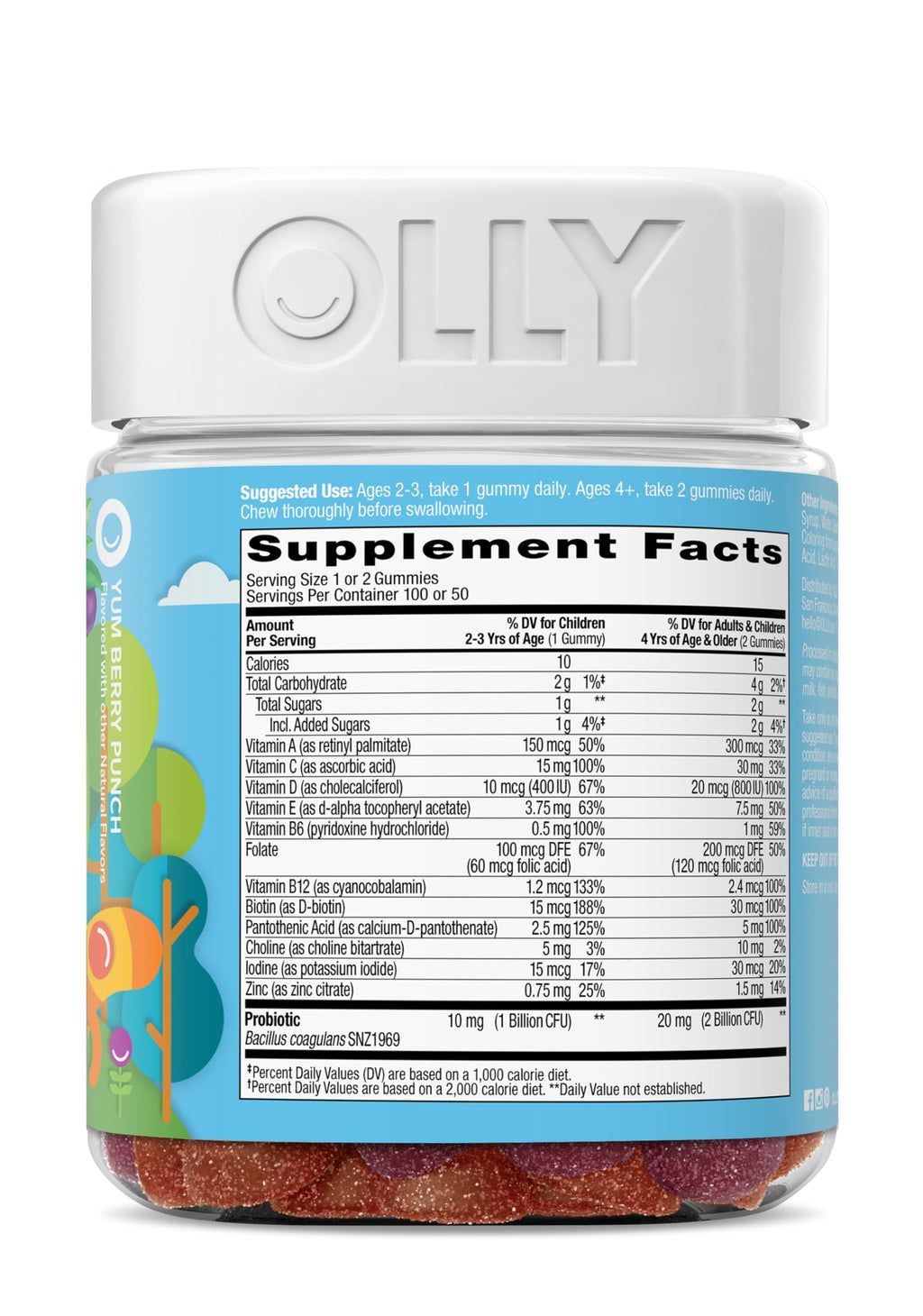 OLLY Kids Multivitamin & Probiotic Gummy, Digestive Support, Vitamins A, D, C, E, B, Zinc, Chewable Supplement, Berry Flavored, 50 Day Supply - 100 Count