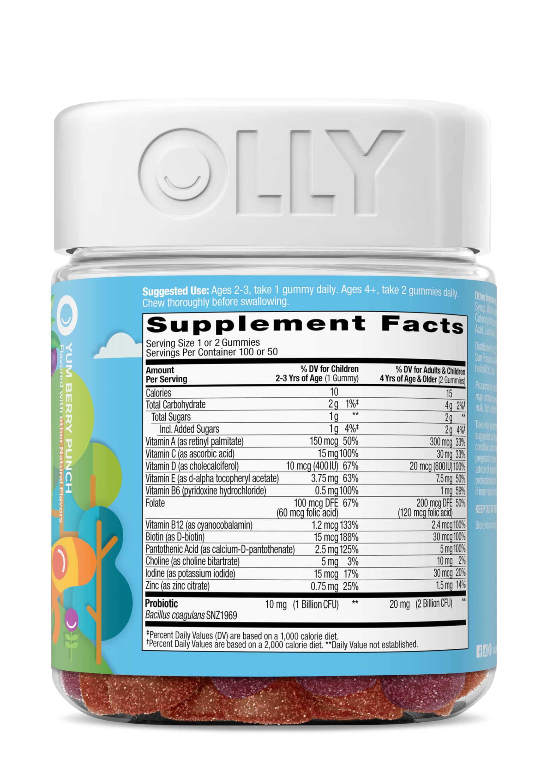 OLLY Kids Multivitamin & Probiotic Gummy, Digestive Support, Vitamins A, D, C, E, B, Zinc, Chewable Supplement, Berry Flavored, 50 Day Supply - 100 Count