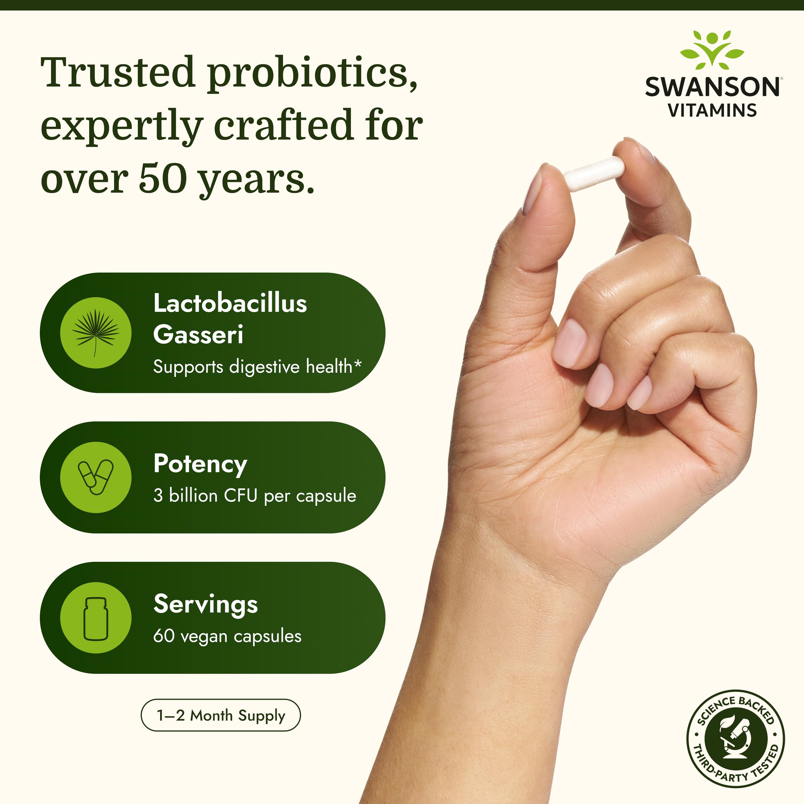 Swanson Lactobacillus Gasseri Probiotic for Adults Seeking Digestive and Metabolic Support with 3 Billion CFU - Acid-Resistant, No Refrigeration (60 Vegan Capsules)