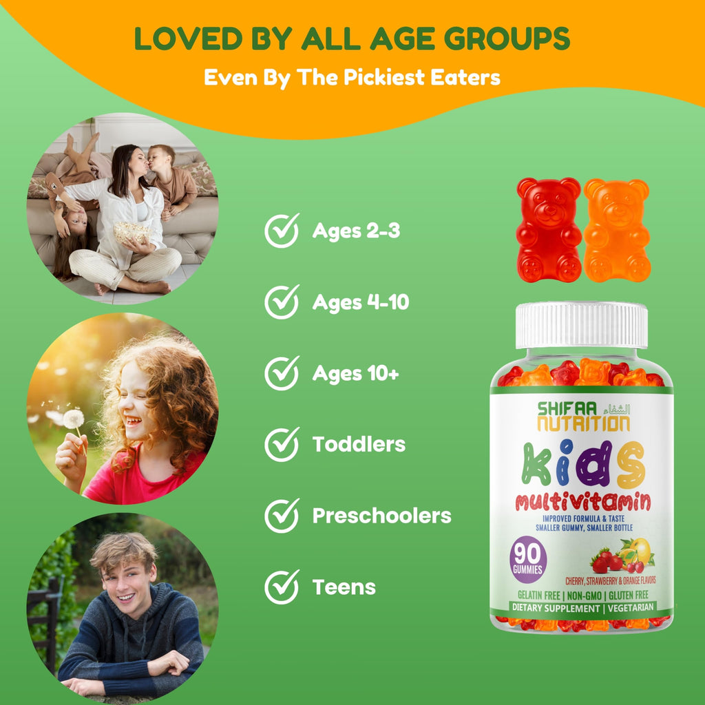 SHIFAA NUTRITION Halal Kids Multivitamin Gummies, 45-90 Days Supply, with All Essential Kids Vitamins. Toddler Vitamins with Vitamin C, D, Zinc, A, E, B6, B12, Biotin | Halal Gummies for Kids