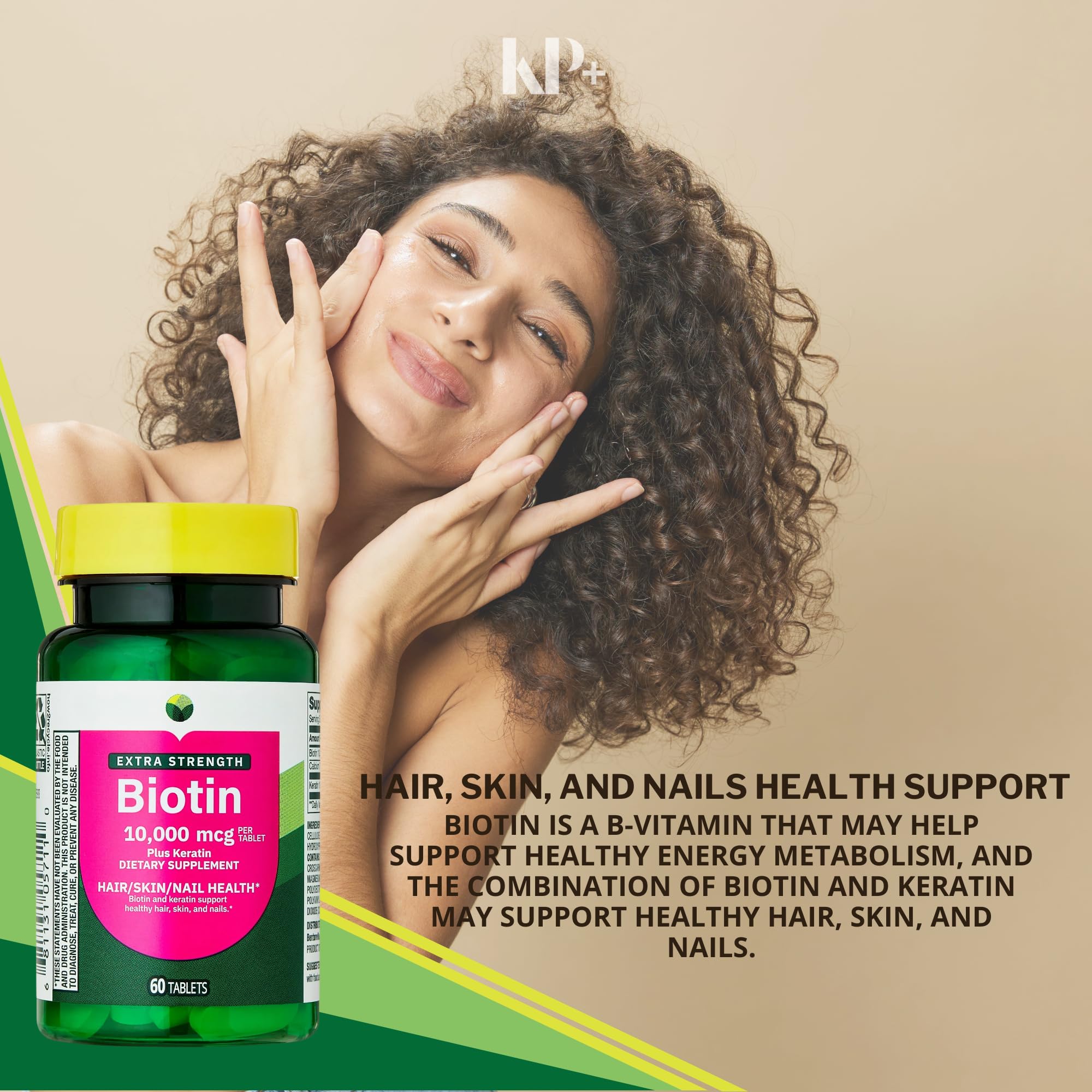 KP+ Biotin 10,000 mcg + Keratin | Supports Hair, Skin & Nail Health | Gluten Free | 60 Tablets | Pack of 1