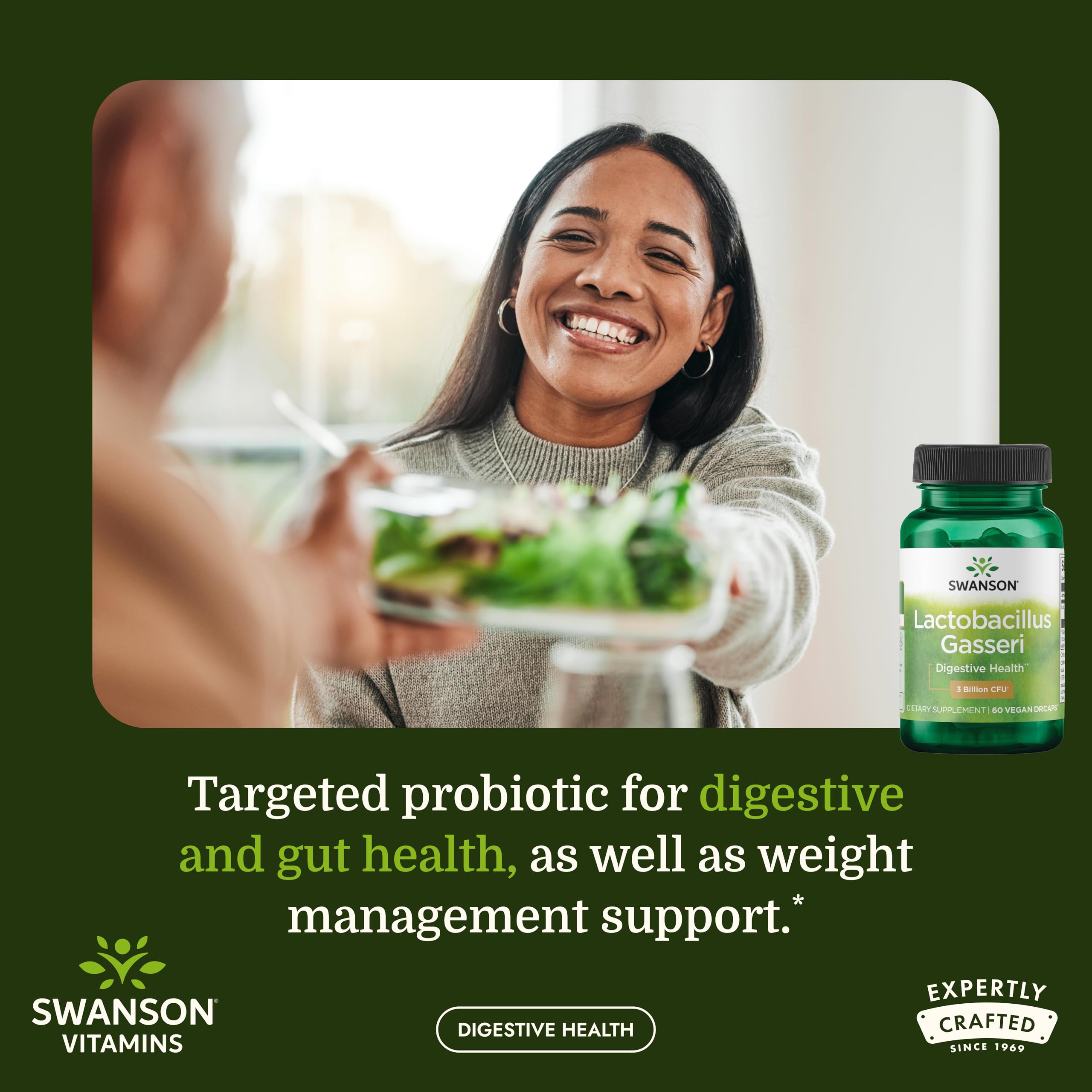Swanson Lactobacillus Gasseri Probiotic for Adults Seeking Digestive and Metabolic Support with 3 Billion CFU - Acid-Resistant, No Refrigeration (60 Vegan Capsules)