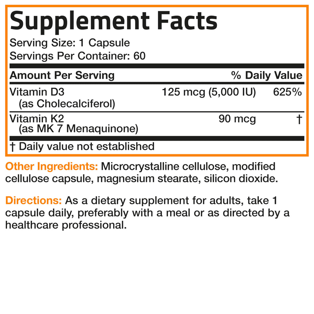 Bronson Vitamin K2 D3 (MK7) Supplement 2-in1 D3 & K2 Complex, 60 Capsules