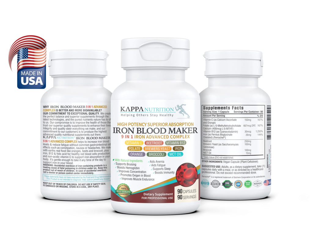 KAPPA NUTRITION Iron 26mg, Vitamin C & Orange 150mg, Folate 667mcg DFE, Vitamin B12, Beetroot, Brewers Yeast, Broccoli & MCT Oil 9 in 1 Advanced Complex (90 Capsules)