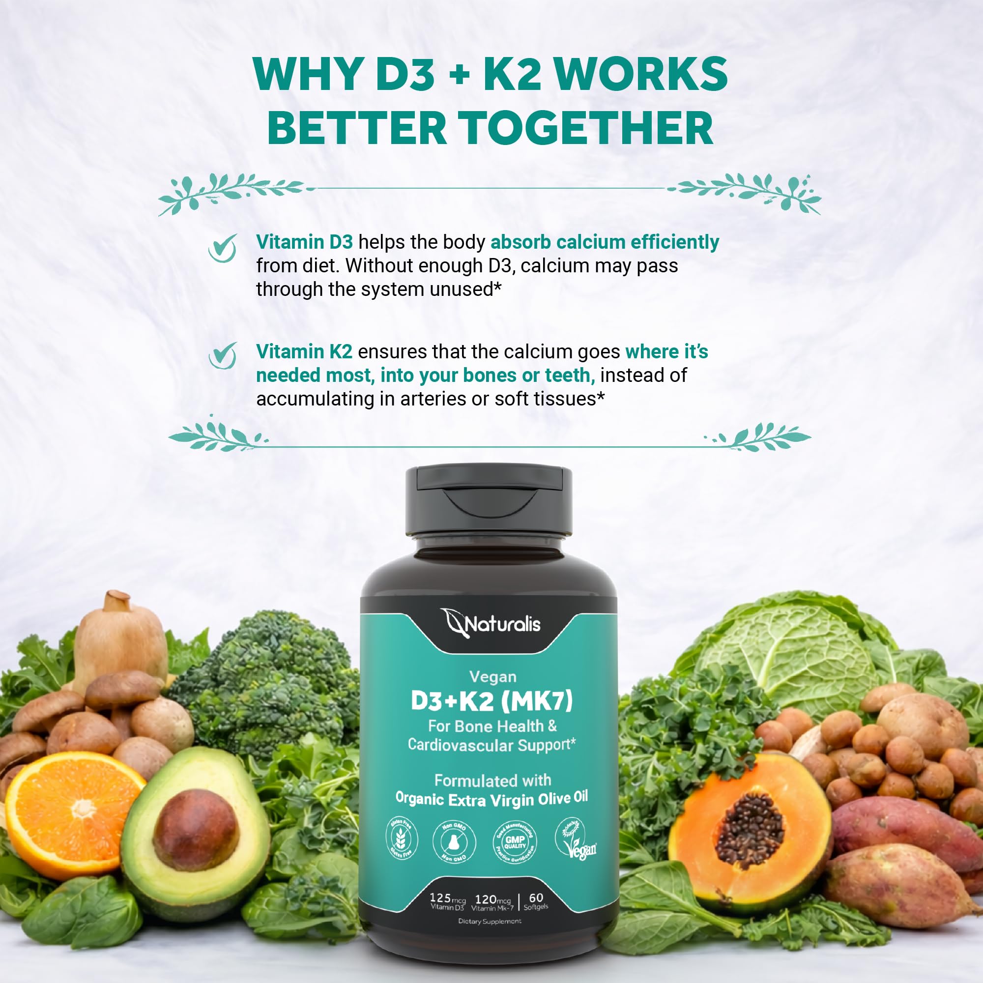 Naturalis Vegan Vitamin D3+K2 from Algae | 5000 IU D3 with 120mcg MK7 | Vegan Society Certified,Sustainably Sourced,Better Than Animal Derived | Better Support for Bone & Immune Health* | 60 Softgels