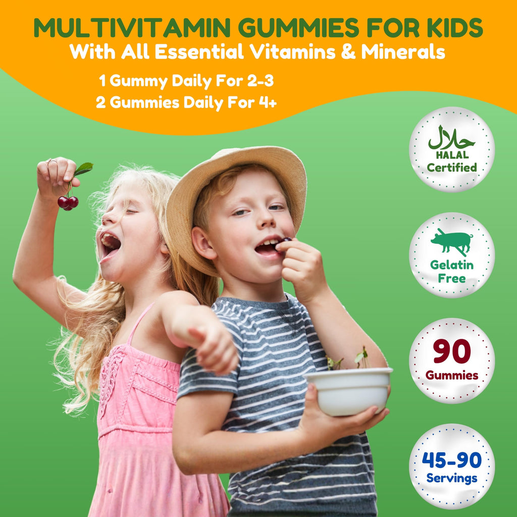 SHIFAA NUTRITION Halal Kids Multivitamin Gummies, 45-90 Days Supply, with All Essential Kids Vitamins. Toddler Vitamins with Vitamin C, D, Zinc, A, E, B6, B12, Biotin | Halal Gummies for Kids
