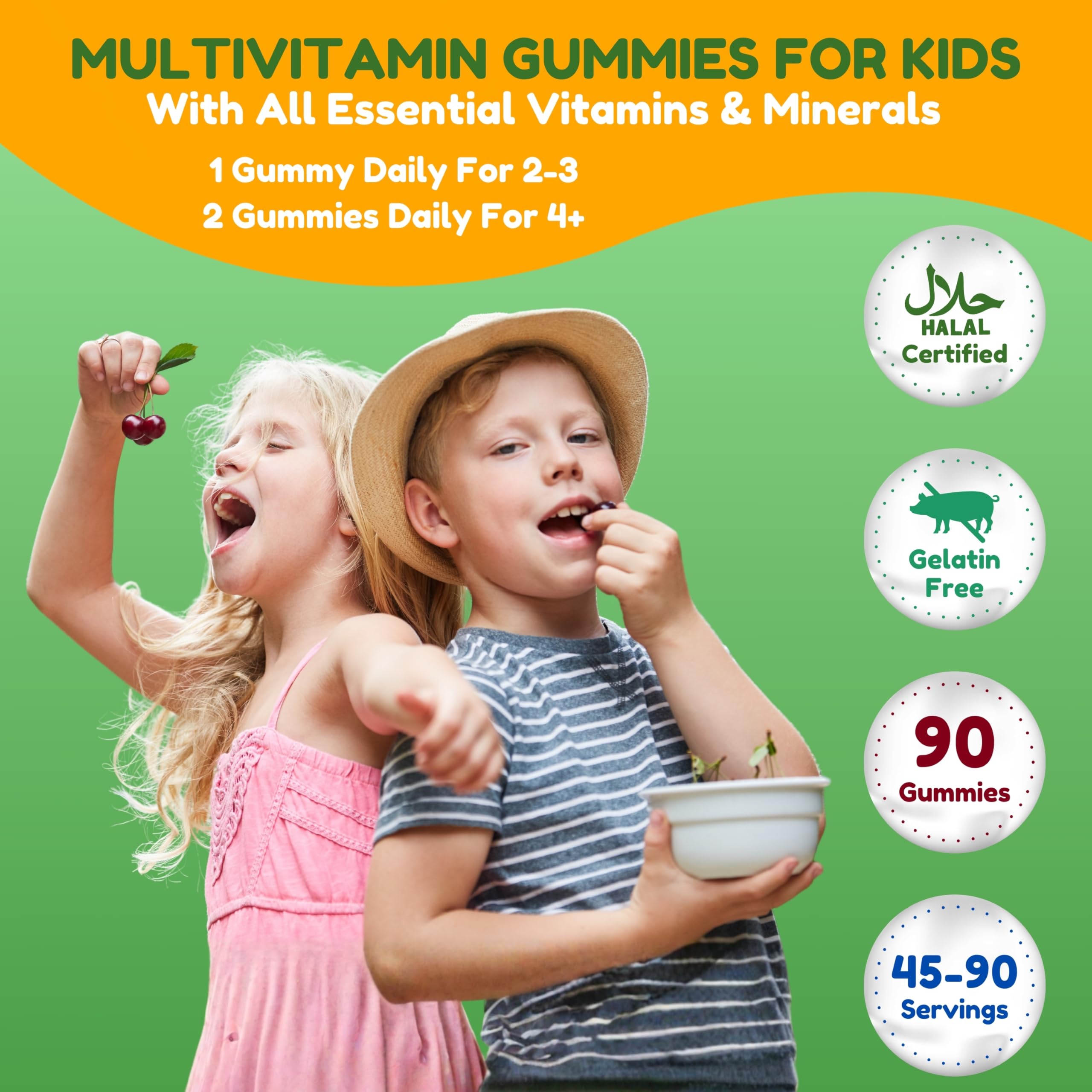 SHIFAA NUTRITION Halal Kids Multivitamin Gummies, 45-90 Days Supply, with All Essential Kids Vitamins. Toddler Vitamins with Vitamin C, D, Zinc, A, E, B6, B12, Biotin | Halal Gummies for Kids