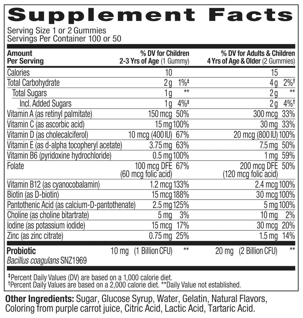 OLLY Kids Multivitamin & Probiotic Gummy, Digestive Support, Vitamins A, D, C, E, B, Zinc, Chewable Supplement, Berry Flavored, 50 Day Supply - 100 Count